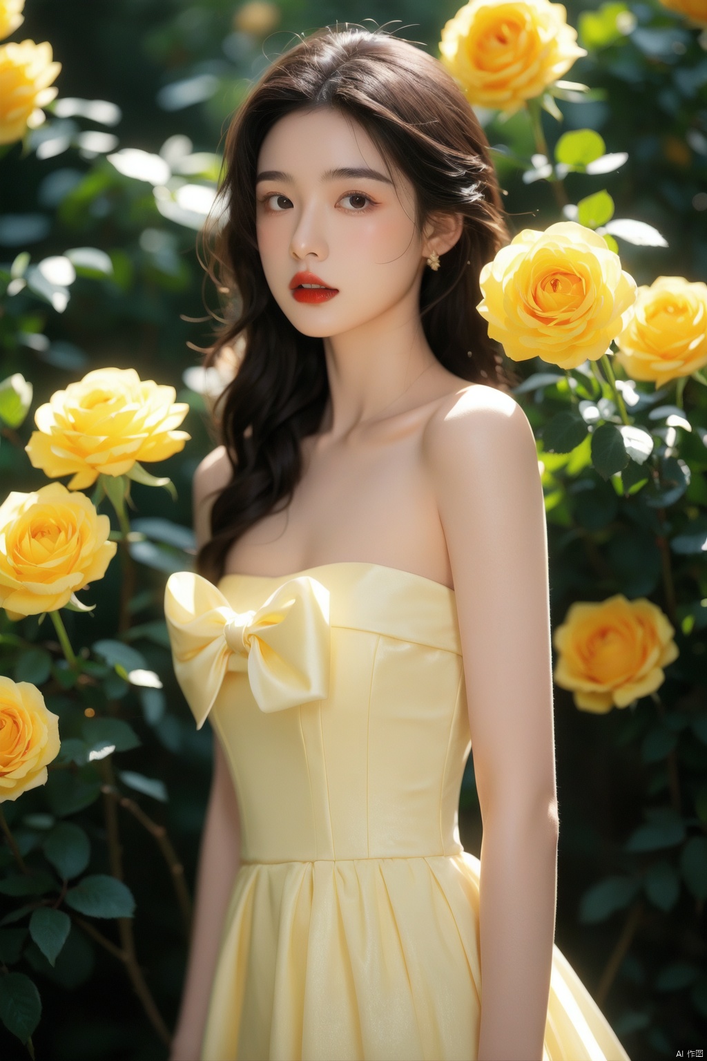 a girl in a yellow dress surrounded by yellow roses,green background, solo, looking at viewer, black hair, dress, bare shoulders, brown eyes, collarbone, upper body, flower, parted lips, lips, strapless, rose, plant, strapless dress, realistic, yellow flower, nose, red lips, yellow dress, yellow rose,The Story of Roses,ll-hd, 1girl,yuzu