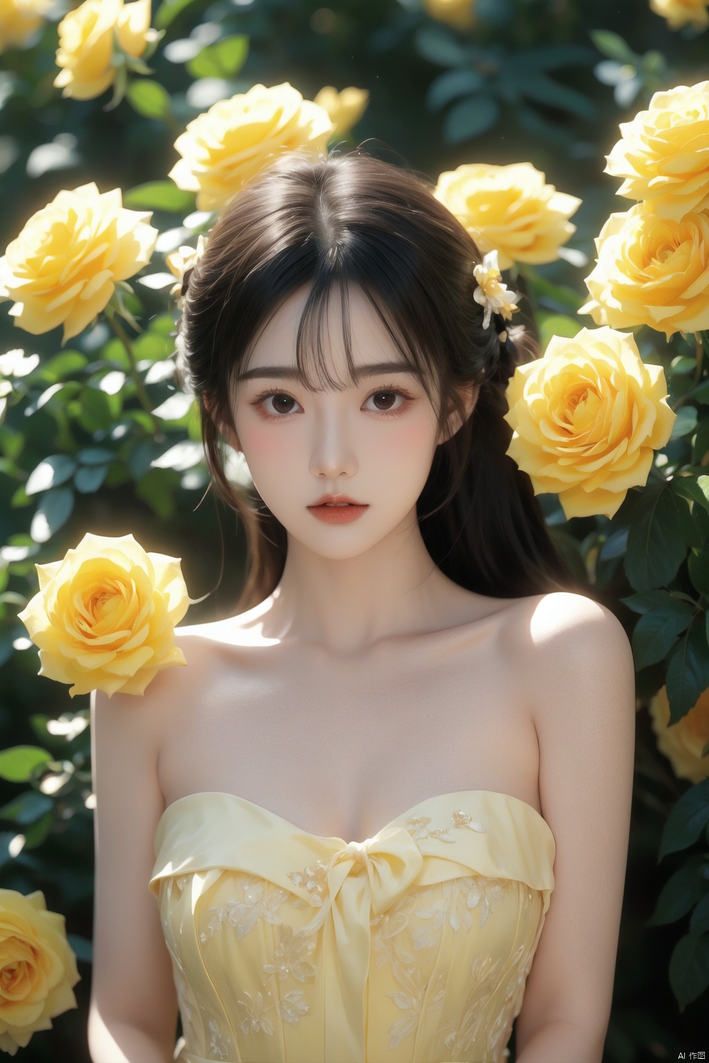 a girl in a yellow dress surrounded by yellow roses,green background, solo, looking at viewer, black hair, dress, bare shoulders, brown eyes, collarbone, upper body, flower, parted lips, lips, strapless, rose, plant, strapless dress, realistic, yellow flower, nose, red lips, yellow dress, yellow rose,The Story of Roses,ll-hd, 1girl