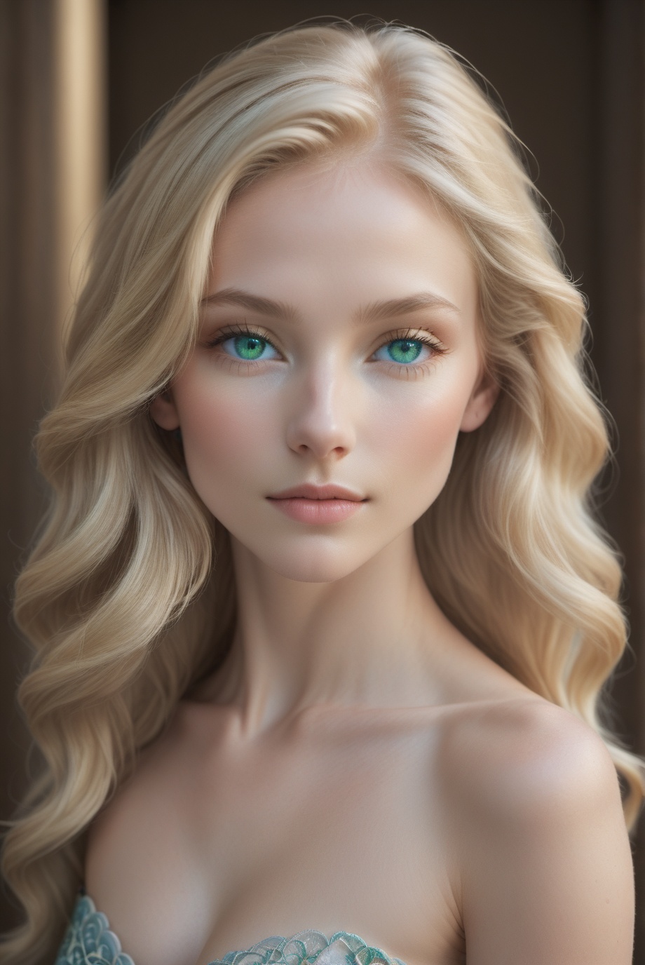 Creamy complexion illuminated by soft,  golden lighting; delicate nose and full lips slightly upturned,  framing bright bl...