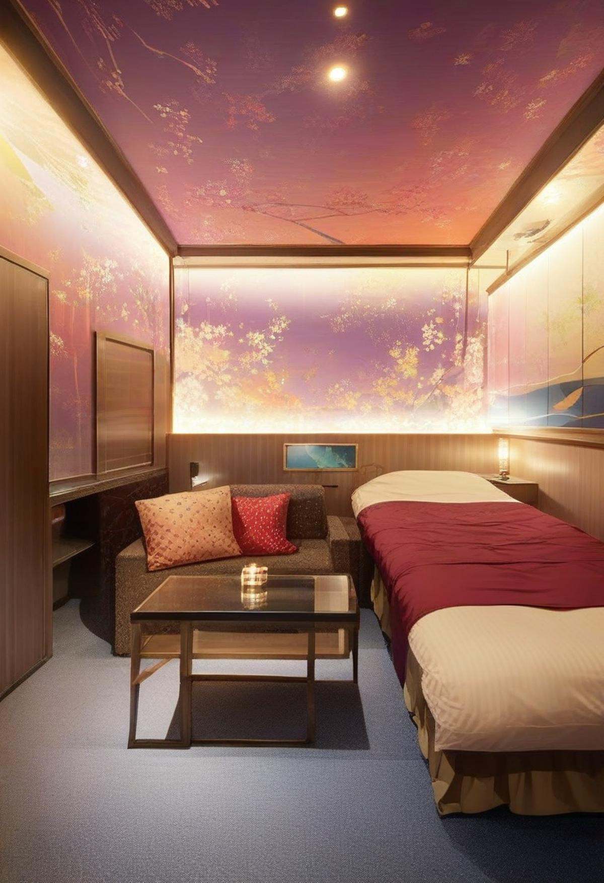 score_9, score_8_up, score_7_up, rating_safe, masterpiece, best quality, absurdres, unity 8k wallpaper, official art, official style, source_anime, uncensored, game cg, megami magazine,lovehotel, scenery, lamp, bed, indoors, night, ceiling light, pillow, table, door, chair, couch, light, television, carpet <lora:LoveHotel_C_PONY_V1:1>