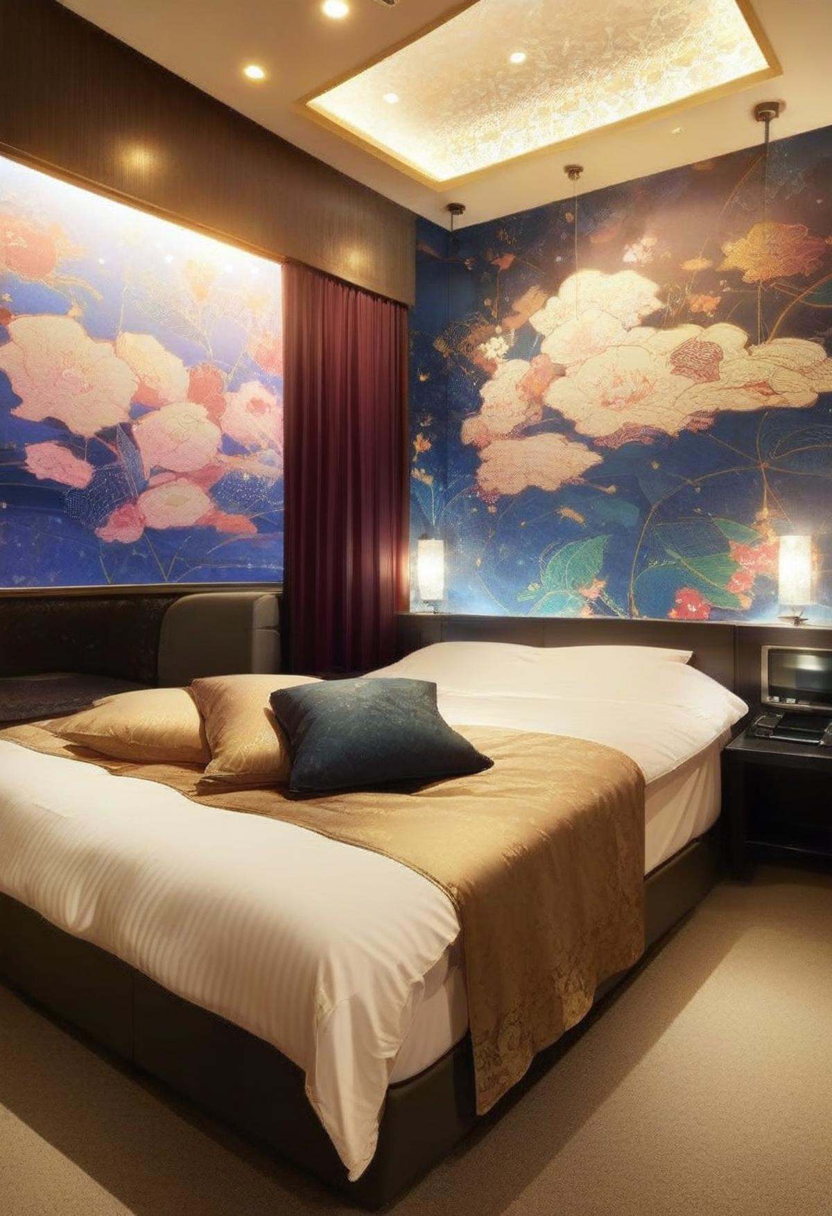 score_9, score_8_up, score_7_up, rating_safe, masterpiece, best quality, absurdres, unity 8k wallpaper, official art, official style, source_anime, uncensored, game cg, megami magazine,lovehotel, scenery, lamp, bed, indoors, night, ceiling light, pillow, table, door, chair, couch, light, television, carpet <lora:LoveHotel_C_PONY_V1:1>