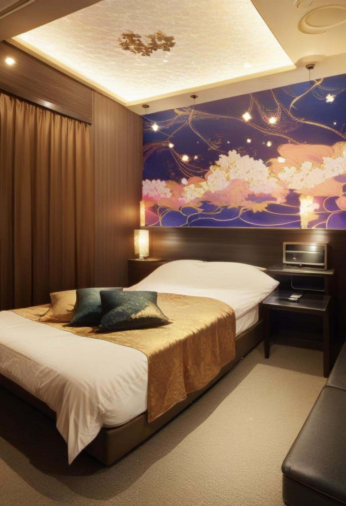 score_9, score_8_up, score_7_up, rating_safe, masterpiece, best quality, absurdres, unity 8k wallpaper, official art, official style, source_anime, uncensored, game cg, megami magazine,lovehotel, scenery, lamp, bed, indoors, night, ceiling light, pillow, table, door, chair, couch, light, television, carpet <lora:LoveHotel_C_PONY_V1:1>
