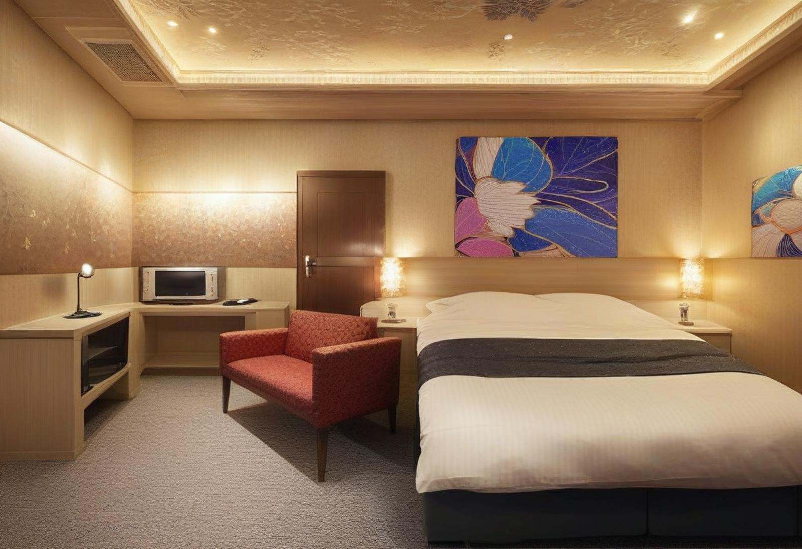 score_9, score_8_up, score_7_up, rating_safe, masterpiece, best quality, absurdres, unity 8k wallpaper, official art, official style, source_anime, uncensored, game cg, megami magazine,lovehotel, scenery, lamp, bed, indoors, night, ceiling light, pillow, table, door, chair, couch, light, television, carpet <lora:LoveHotel_C_PONY_V1:1>