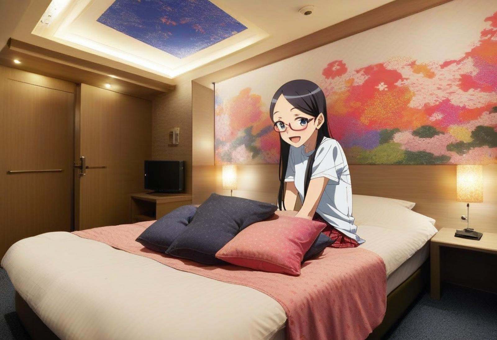 score_9, score_8_up, score_7_up, rating_safe, masterpiece, best quality, absurdres, unity 8k wallpaper, official art, official style, source_anime, uncensored, game cg, megami magazine,1girl, solo, glasses, black hair, long hair, shirt, skirt, happy, smile, looking at viewer, open mouth, solo focus, sitting on the bed,BREAKlovehotel, scenery, indoors, bed, lamp, ceiling light, couch, light, chair, television, table, pillow, door <lora:LoveHotel_C_PONY_V1:1>