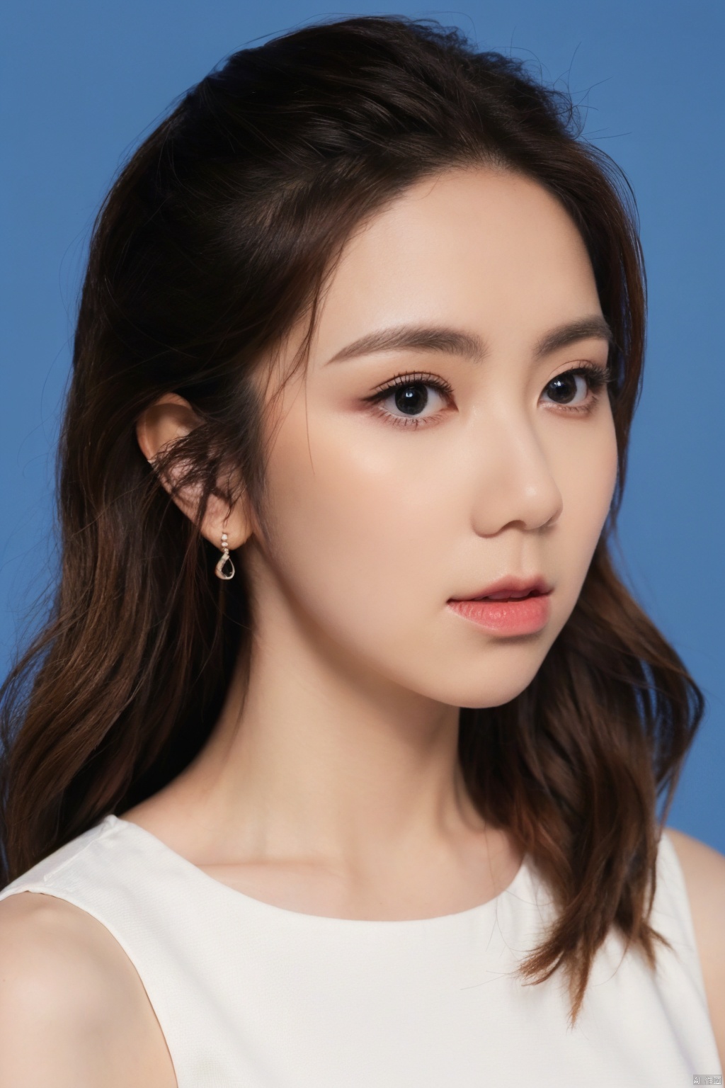 1girl, solo, looking at viewer,  brown hair, brown eyes, jewelry, closed mouth, upper body, earrings, lips, blue background, portrait, realistic, nose 