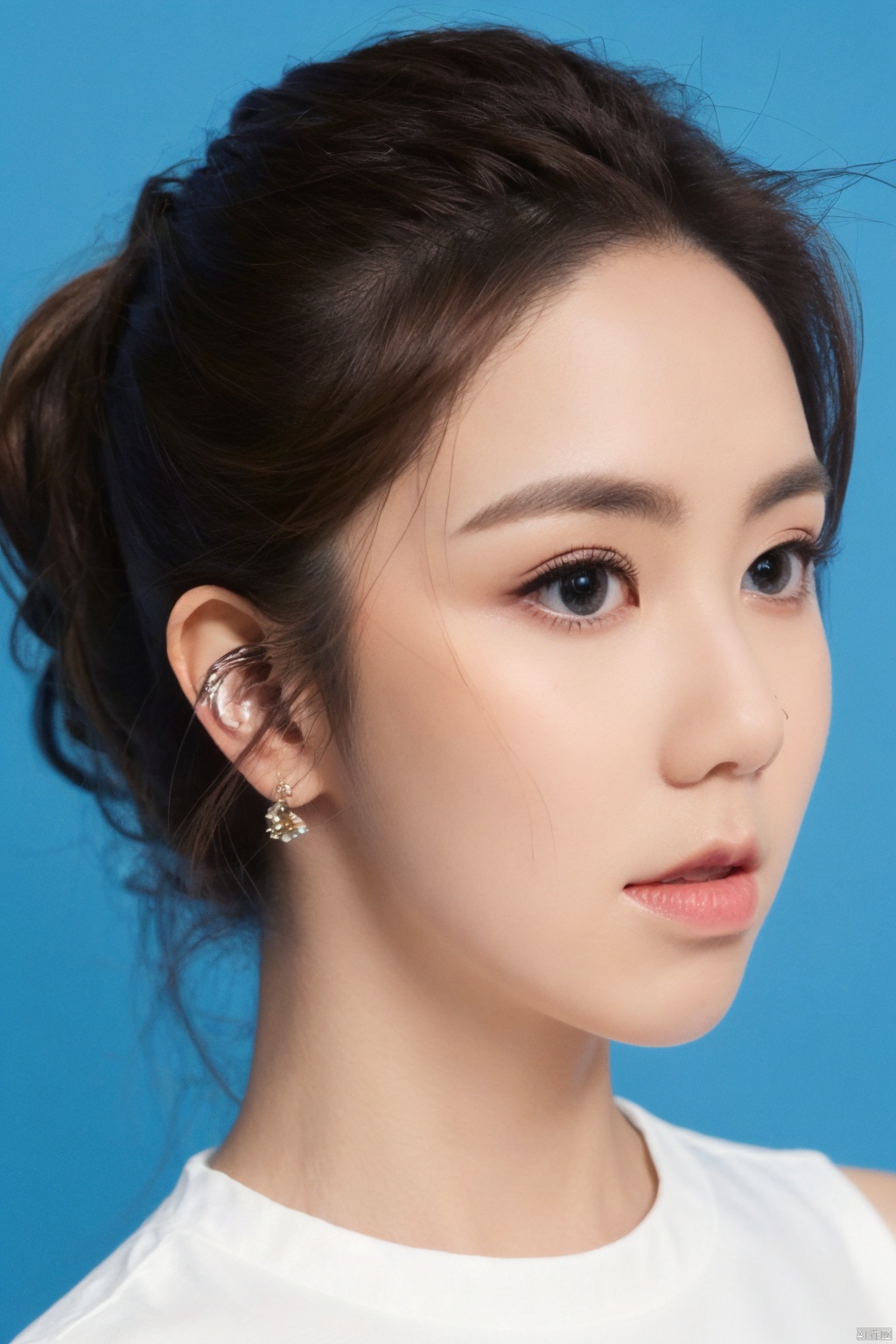 1girl, solo, looking at viewer,  brown hair, brown eyes, jewelry, closed mouth, upper body, earrings, lips, blue background, portrait, realistic, nose 