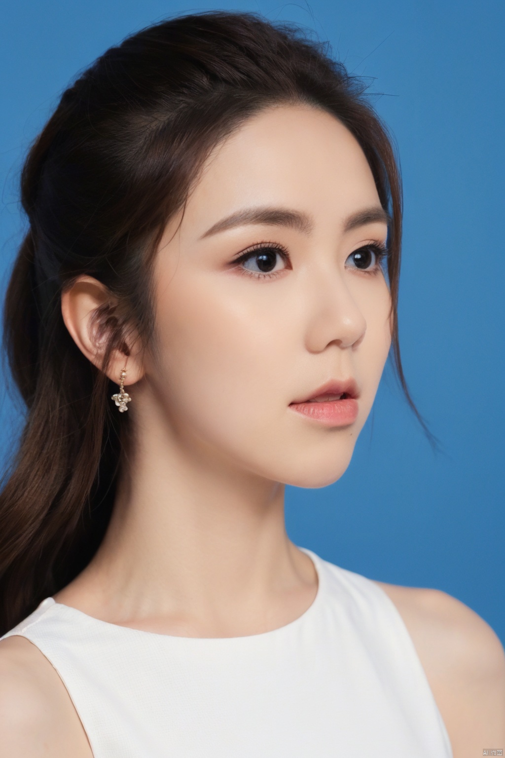 1girl, solo, looking at viewer,  brown hair, brown eyes, jewelry, closed mouth, upper body, earrings, lips, blue background, portrait, realistic, nose 