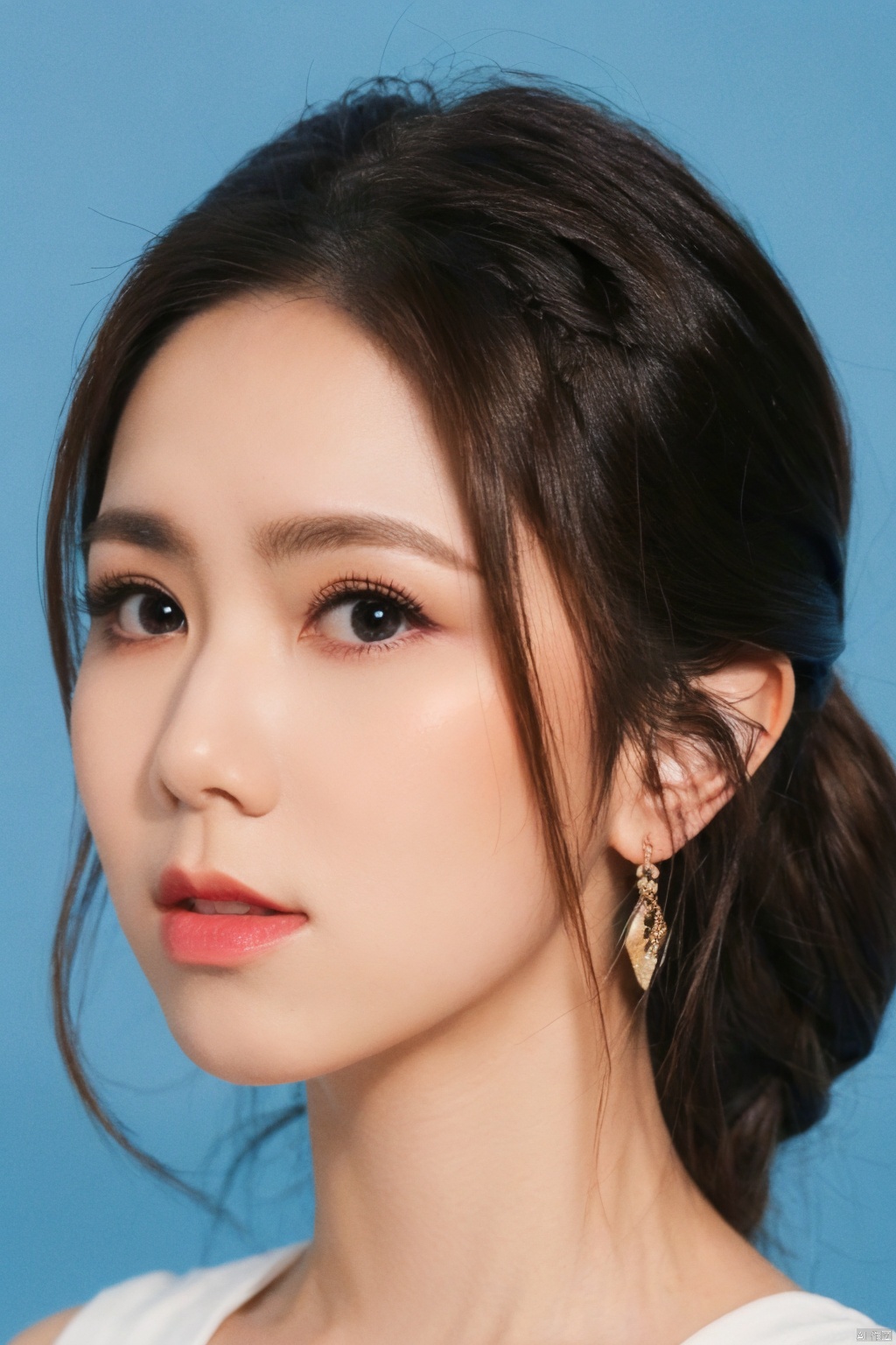 1girl, solo, looking at viewer,  brown hair, brown eyes, jewelry, closed mouth, upper body, earrings, lips, blue background, portrait, realistic, nose 