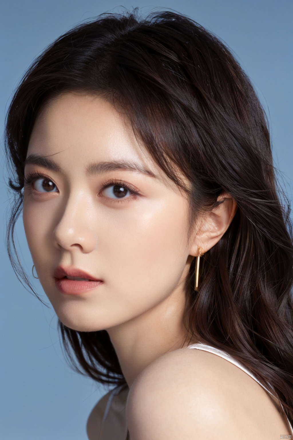 1girl, solo, looking at viewer,  brown hair, brown eyes, jewelry, closed mouth, upper body, earrings, lips, blue background, portrait, realistic, nose 