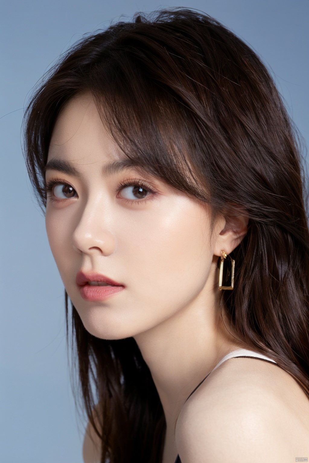 1girl, solo, looking at viewer,  brown hair, brown eyes, jewelry, closed mouth, upper body, earrings, lips, blue background, portrait, realistic, nose 