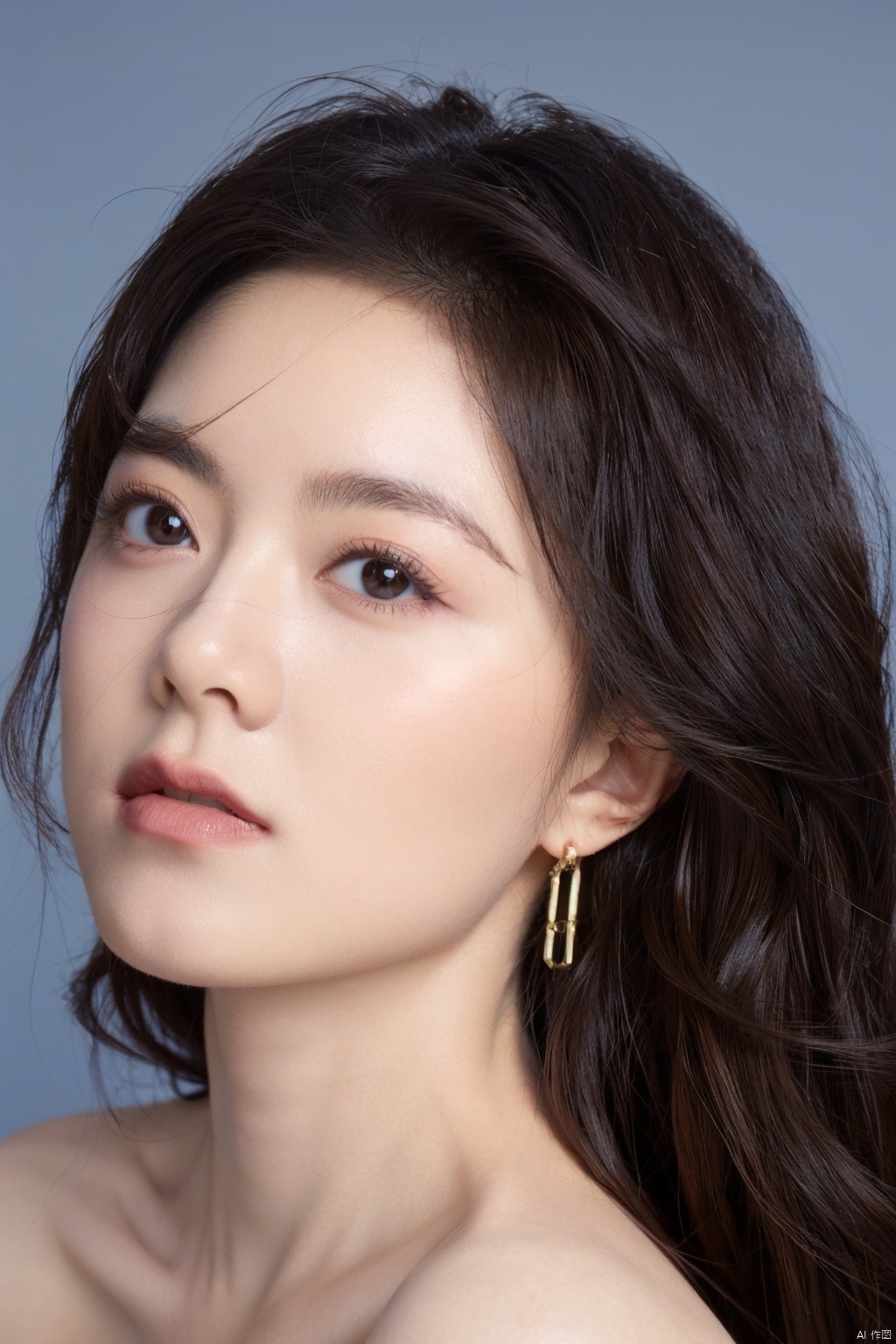 1girl, solo, looking at viewer,  brown hair, brown eyes, jewelry, closed mouth, upper body, earrings, lips, blue background, portrait, realistic, nose 