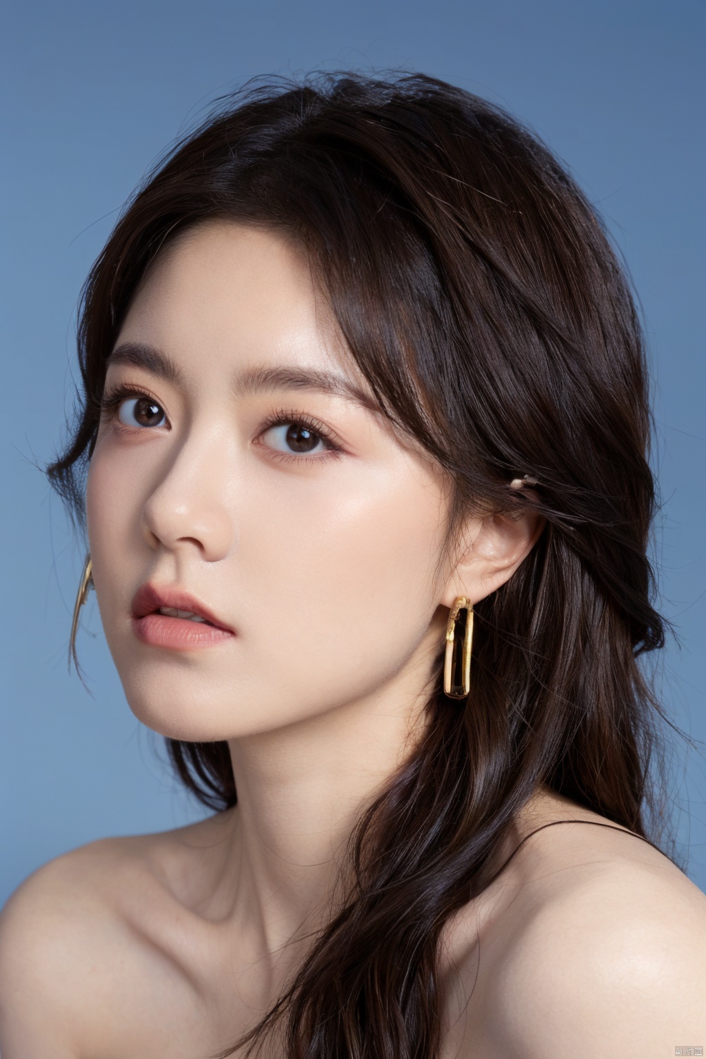 1girl, solo, looking at viewer,  brown hair, brown eyes, jewelry, closed mouth, upper body, earrings, lips, blue background, portrait, realistic, nose 