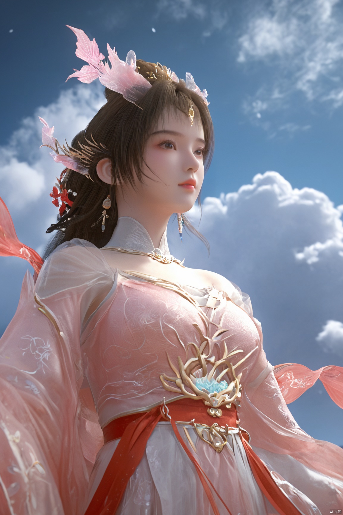 masterpiece,best quality,official art,extremely detailed CG unity 8k wallpaper,1girl, upper body,chinese clothes, above clouds, asteroid, spacecraft,Xyunluo,(big_breasts:1.59),(Hydrangea,X-Hydrangea),Xlimuwan, Water_butterfly,Xcheongsam, desert_sky,girl,depth of field, 1 girl,Xtianqiong,Xbaihehuai, X-Hydrangea, song_hanfu,hanfu