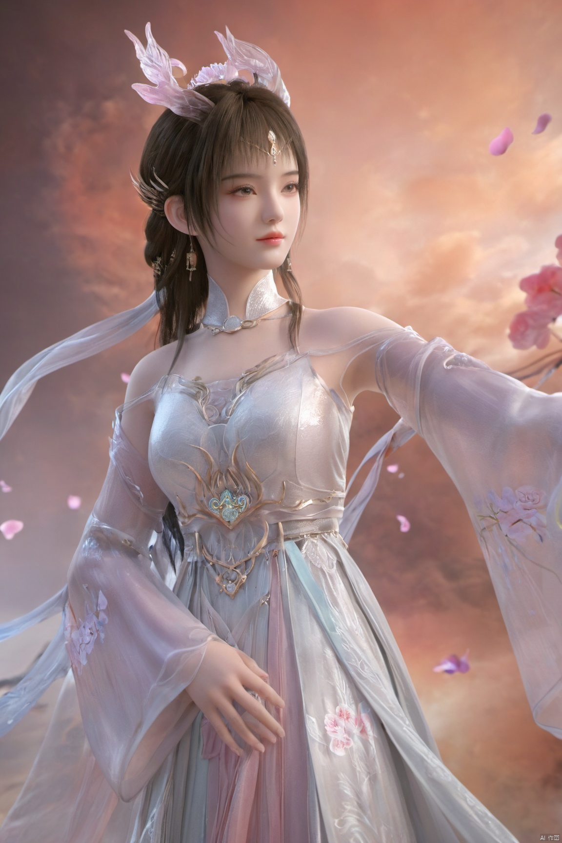 masterpiece,best quality,official art,extremely detailed CG unity 8k wallpaper,1girl, upper body,chinese clothes, above clouds, asteroid, spacecraft,Xyunluo,(big_breasts:1.59),(Hydrangea,X-Hydrangea),Xlimuwan, Water_butterfly,Xcheongsam, desert_sky,girl,depth of field, 1 girl,Xtianqiong,Xbaihehuai, X-Hydrangea, song_hanfu,hanfu, traditional chinese ink painting