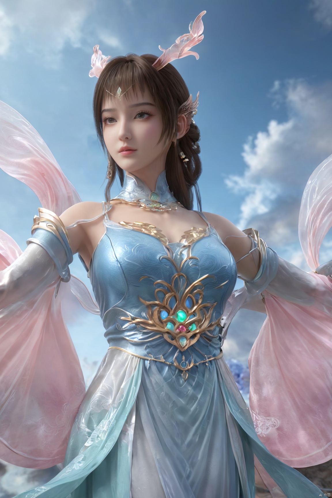masterpiece,best quality,official art,extremely detailed CG unity 8k wallpaper,1girl, upper body,chinese clothes, above clouds, asteroid, spacecraft,Xyunluo,(big_breasts:1.59),(Hydrangea,X-Hydrangea),Xlimuwan, Water_butterfly,Xcheongsam, desert_sky,girl,depth of field, 1 girl,Xtianqiong,Xbaihehuai, X-Hydrangea, song_hanfu,hanfu, traditional chinese ink painting