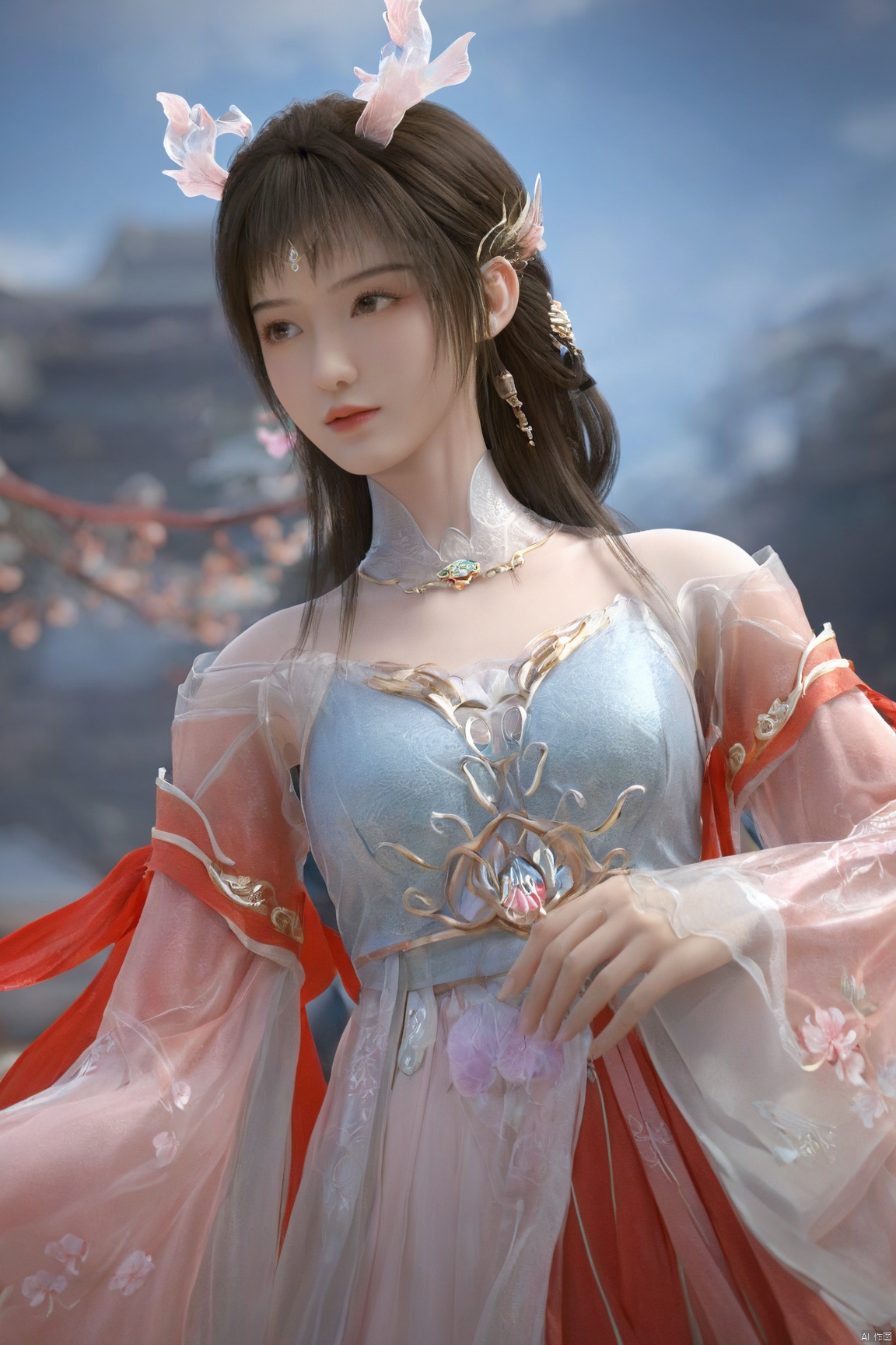 masterpiece,best quality,official art,extremely detailed CG unity 8k wallpaper,1girl, upper body,chinese clothes, above clouds, asteroid, spacecraft,Xyunluo,(big_breasts:1.59),(Hydrangea,X-Hydrangea),Xlimuwan, Water_butterfly,Xcheongsam, desert_sky,girl,depth of field, 1 girl,Xtianqiong,Xbaihehuai, X-Hydrangea, song_hanfu,hanfu, traditional chinese ink painting