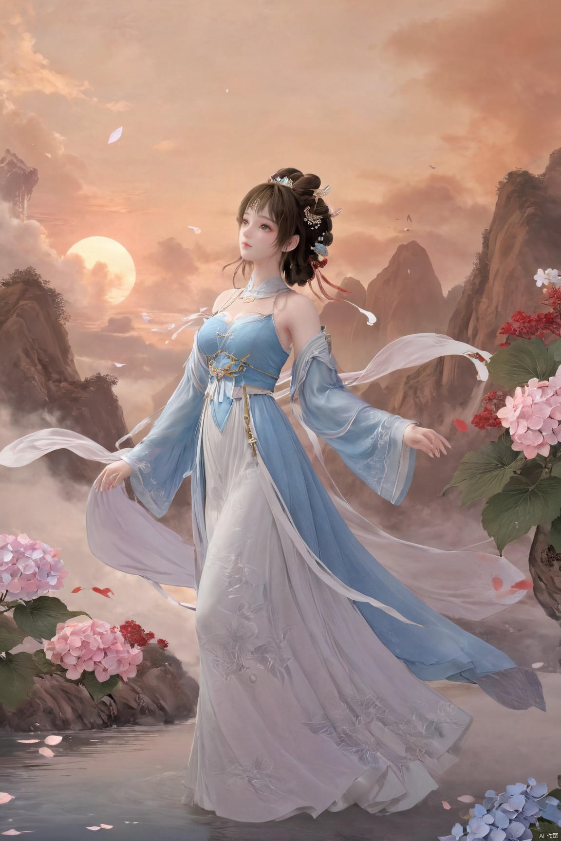 masterpiece,best quality,official art,extremely detailed CG unity 8k wallpaper,1girl, upper body,chinese clothes, above clouds, asteroid, spacecraft,Xyunluo,(big_breasts:1.59),(Hydrangea,X-Hydrangea),Xlimuwan, Water_butterfly,Xcheongsam, desert_sky,girl,depth of field, 1 girl,Xtianqiong,Xbaihehuai, X-Hydrangea, song_hanfu,hanfu, traditional chinese ink painting