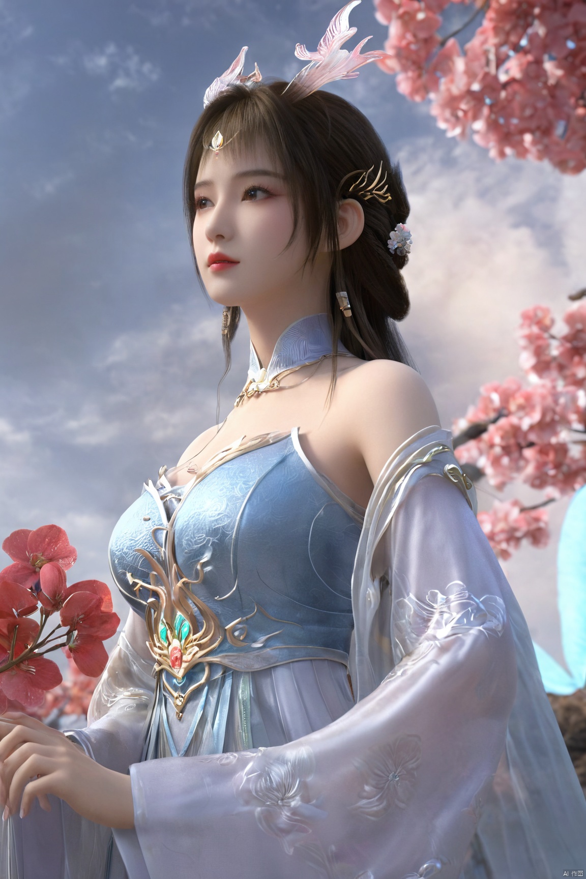 masterpiece,best quality,official art,extremely detailed CG unity 8k wallpaper,1girl, upper body,chinese clothes, above clouds, asteroid, spacecraft,Xyunluo,(big_breasts:1.59),(Hydrangea,X-Hydrangea),Xlimuwan, Water_butterfly,Xcheongsam, desert_sky,girl,depth of field, 1 girl,Xtianqiong,Xbaihehuai, X-Hydrangea, song_hanfu,hanfu