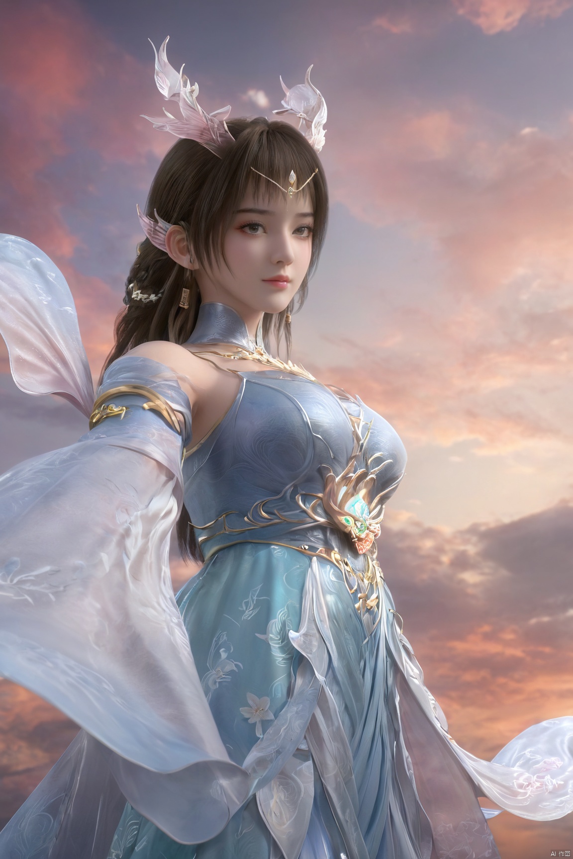 masterpiece,best quality,official art,extremely detailed CG unity 8k wallpaper,1girl, upper body,chinese clothes, above clouds, asteroid, spacecraft,Xyunluo,(big_breasts:1.59),(Hydrangea,X-Hydrangea),Xlimuwan, Water_butterfly,Xcheongsam, desert_sky,girl,depth of field, 1 girl,Xtianqiong,Xbaihehuai, X-Hydrangea, song_hanfu,hanfu, traditional chinese ink painting
