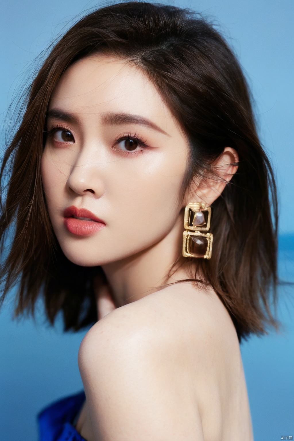 1girl, solo, looking at viewer,  brown hair, brown eyes, jewelry, closed mouth, upper body, earrings, lips, blue background, portrait, realistic, nose , 