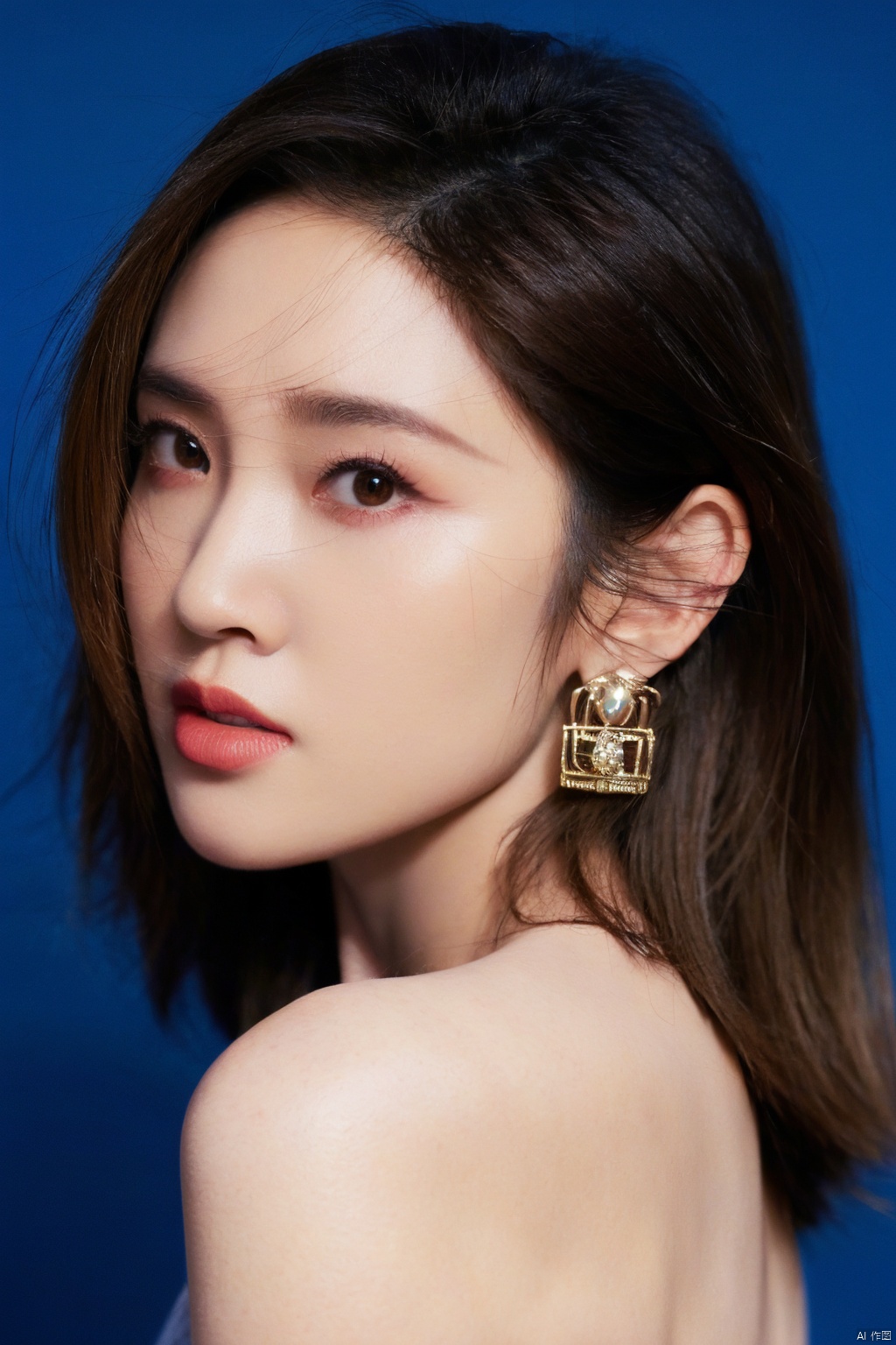 1girl, solo, looking at viewer,  brown hair, brown eyes, jewelry, closed mouth, upper body, earrings, lips, blue background, portrait, realistic, nose , 