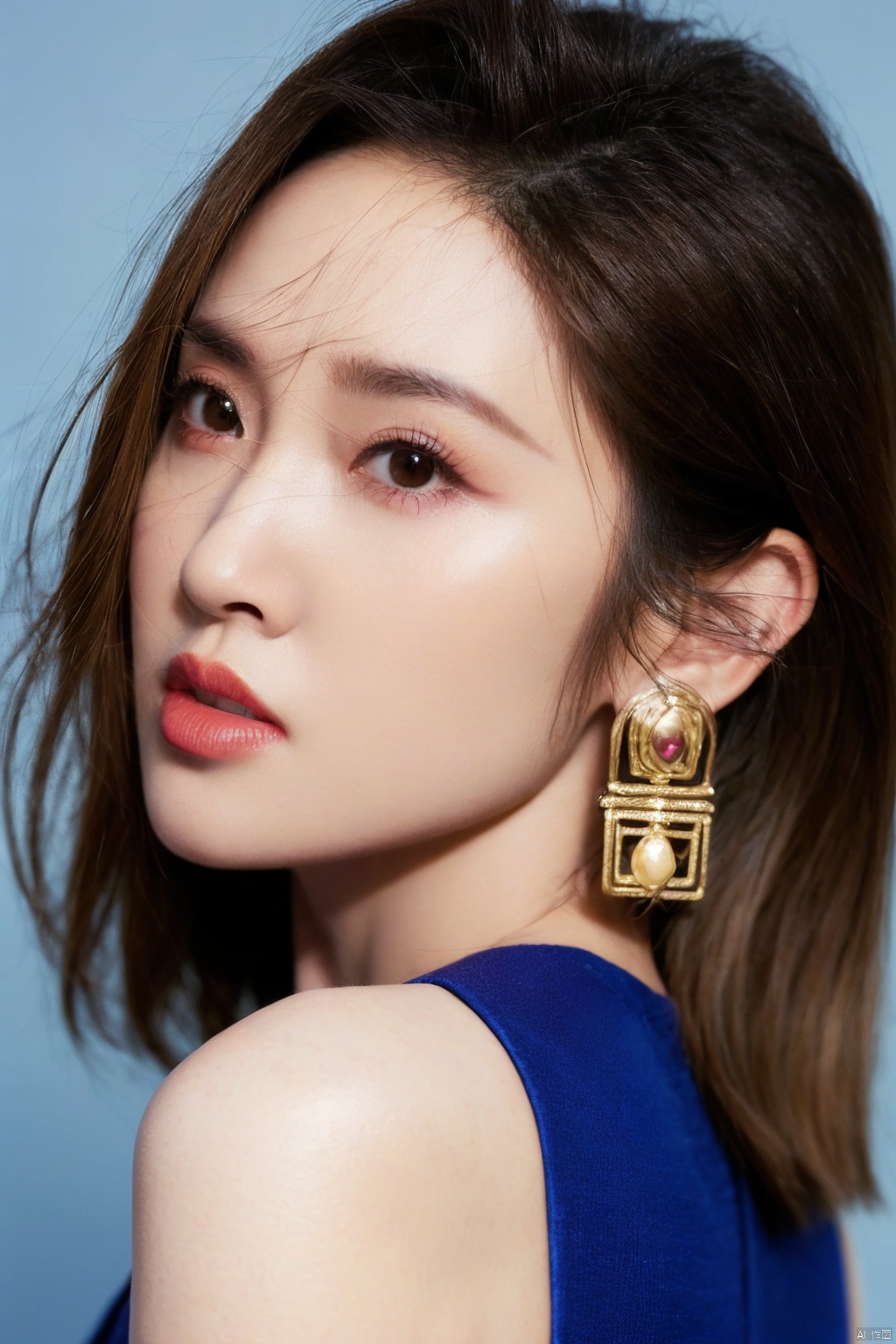 1girl, solo, looking at viewer,  brown hair, brown eyes, jewelry, closed mouth, upper body, earrings, lips, blue background, portrait, realistic, nose , 
