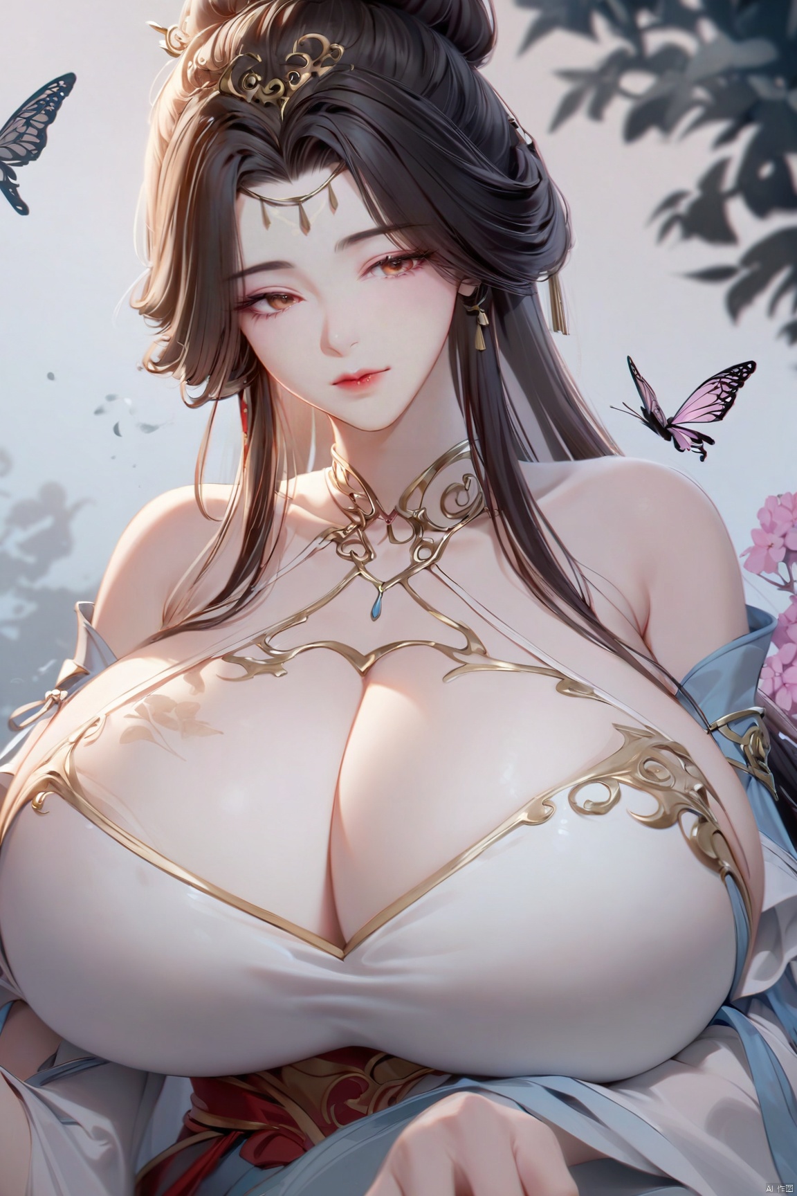 masterpiece,(best quality),upper_body,,exploring cherry blossom branches,wonderland,light blue element, sly,Xsulingyun,(big breasts:1.79),Xtianxiwei,fantasy_butterfly, New Chinese_Hanfu,Xnangongwan, X-Hydrangea, traditional chinese ink painting,black and white ink painting