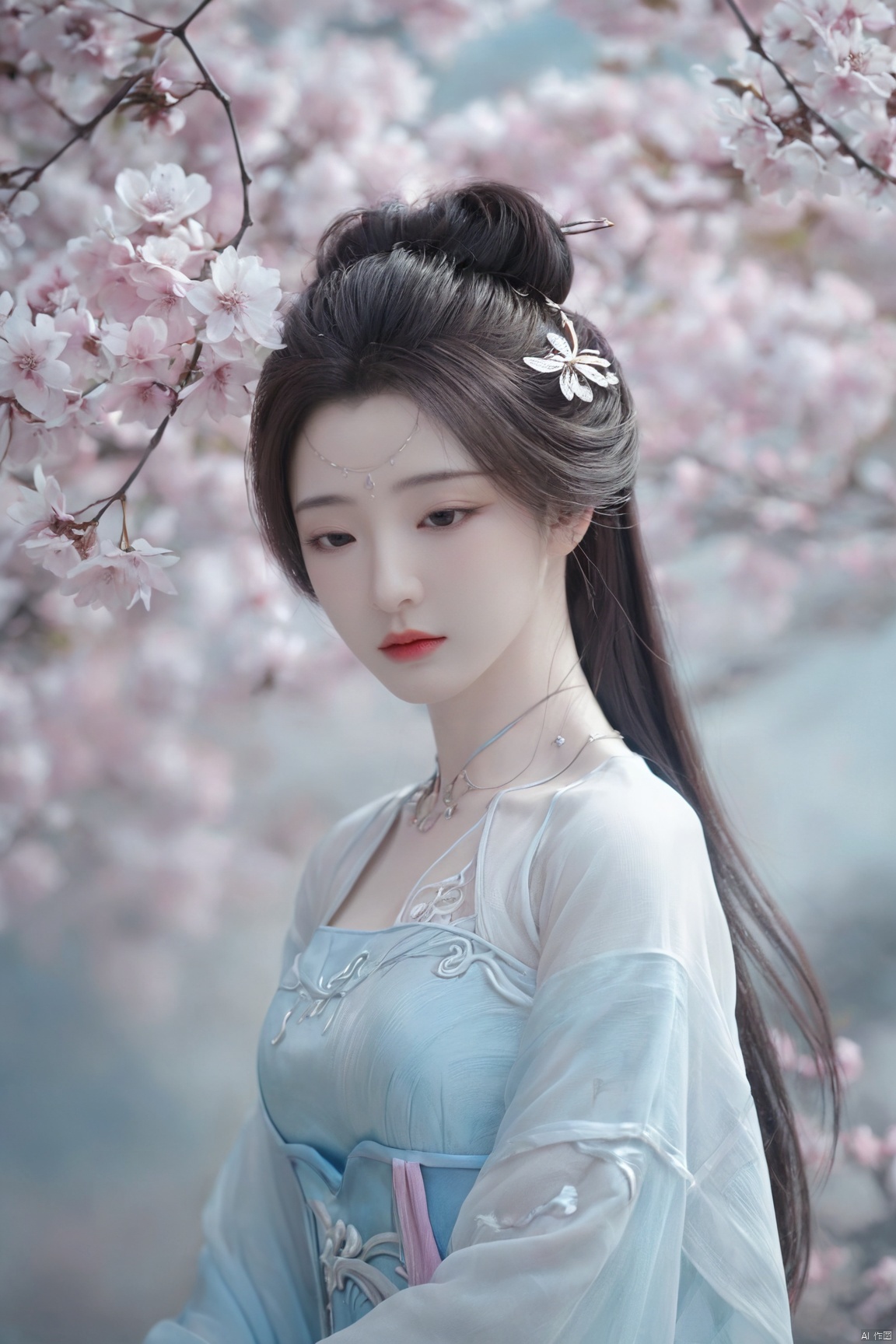 masterpiece,(best quality),upper_body,,exploring cherry blossom branches,wonderland,light blue element, sly,Xsulingyun,(big breasts:1.79),Xtianxiwei,fantasy_butterfly, New Chinese_Hanfu,Xnangongwan, X-Hydrangea, traditional chinese ink painting,black and white ink painting