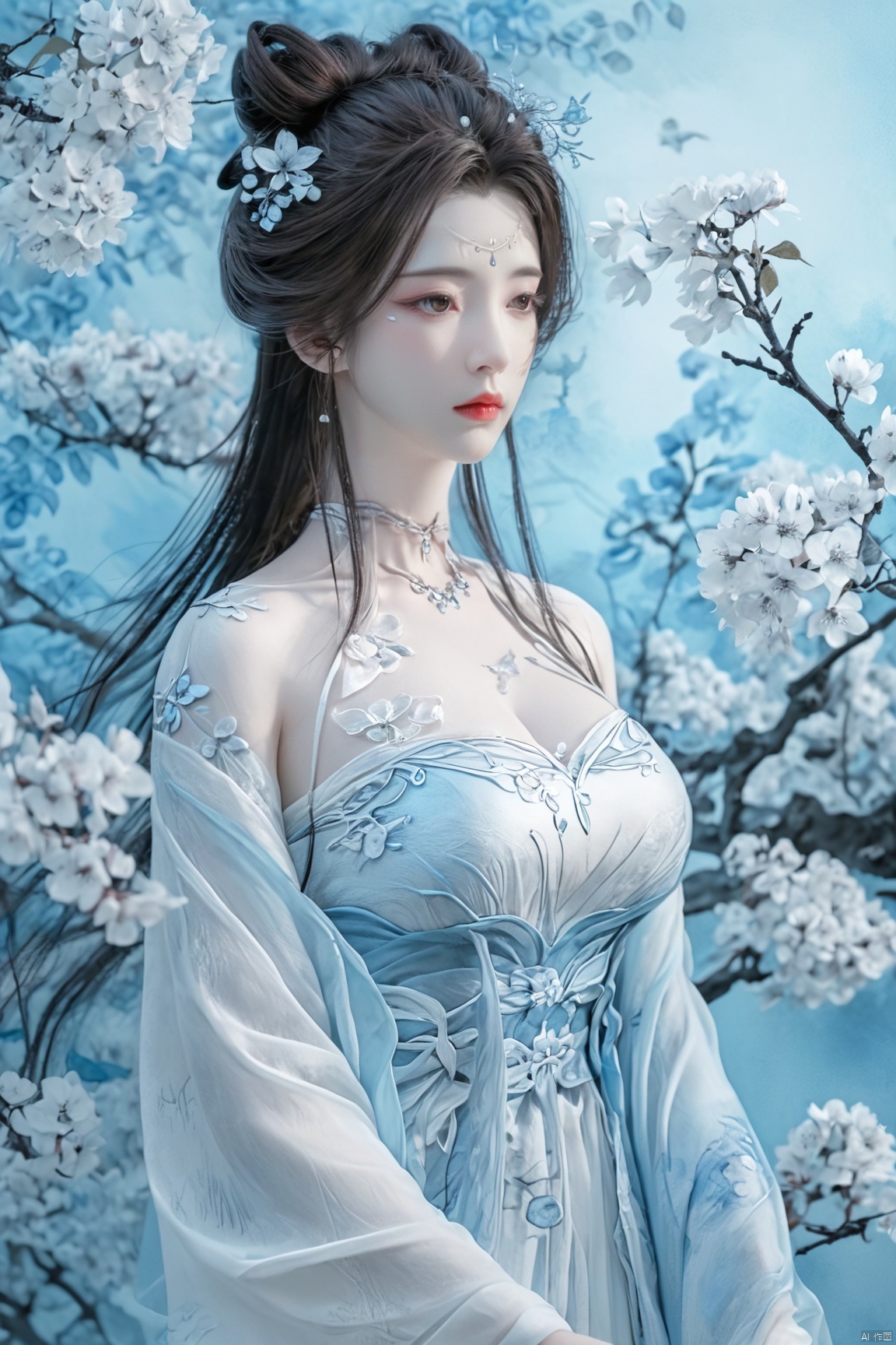 masterpiece,(best quality),upper_body,,exploring cherry blossom branches,wonderland,light blue element, sly,Xsulingyun,(big breasts:1.79),Xtianxiwei,fantasy_butterfly, New Chinese_Hanfu,Xnangongwan, X-Hydrangea, traditional chinese ink painting,black and white ink painting