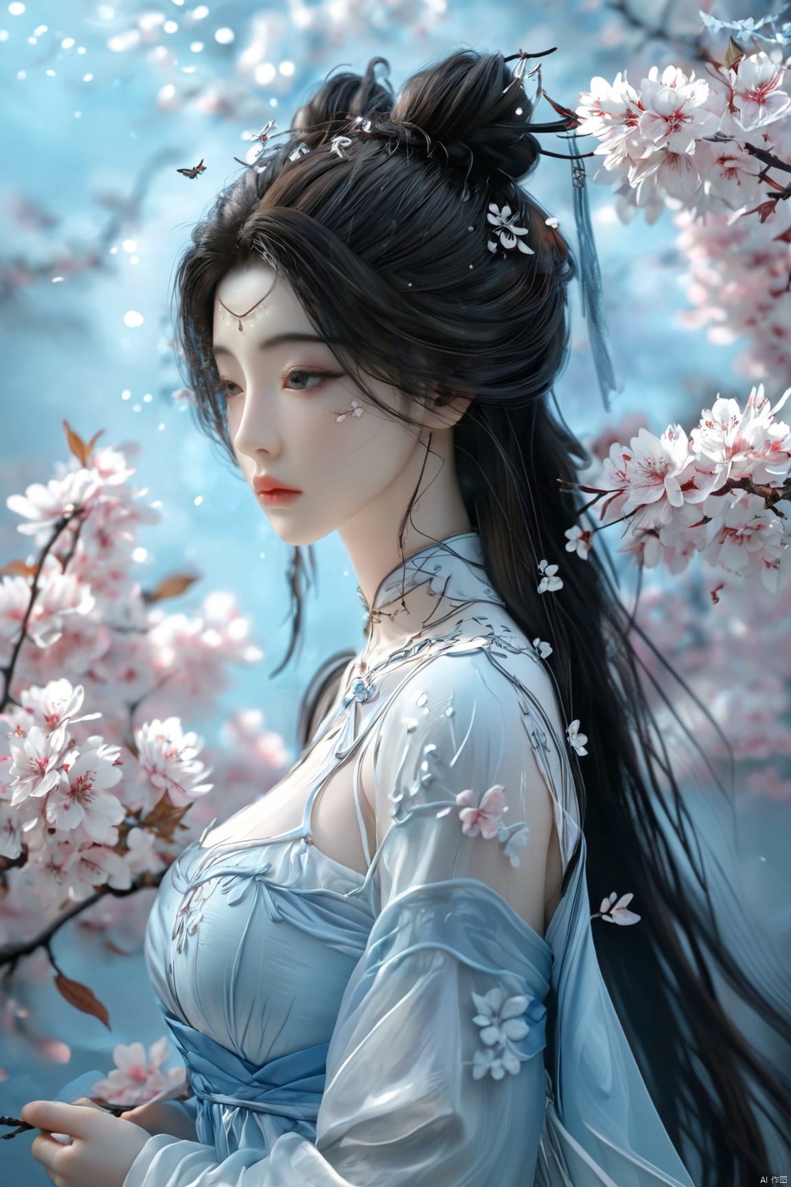 masterpiece,(best quality),upper_body,,exploring cherry blossom branches,wonderland,light blue element, sly,Xsulingyun,(big breasts:1.79),Xtianxiwei,fantasy_butterfly, New Chinese_Hanfu,Xnangongwan, X-Hydrangea, traditional chinese ink painting,black and white ink painting