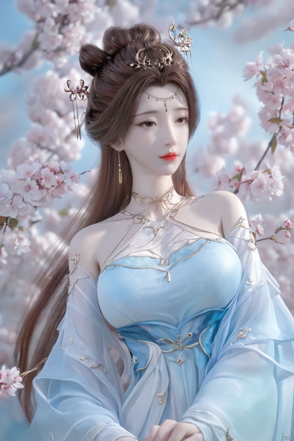 masterpiece,(best quality),upper_body,,exploring cherry blossom branches,wonderland,light blue element, sly,Xsulingyun,(big breasts:1.69),Xtianxiwei,fantasy_butterfly, New Chinese_Hanfu,Xnangongwan, X-Hydrangea