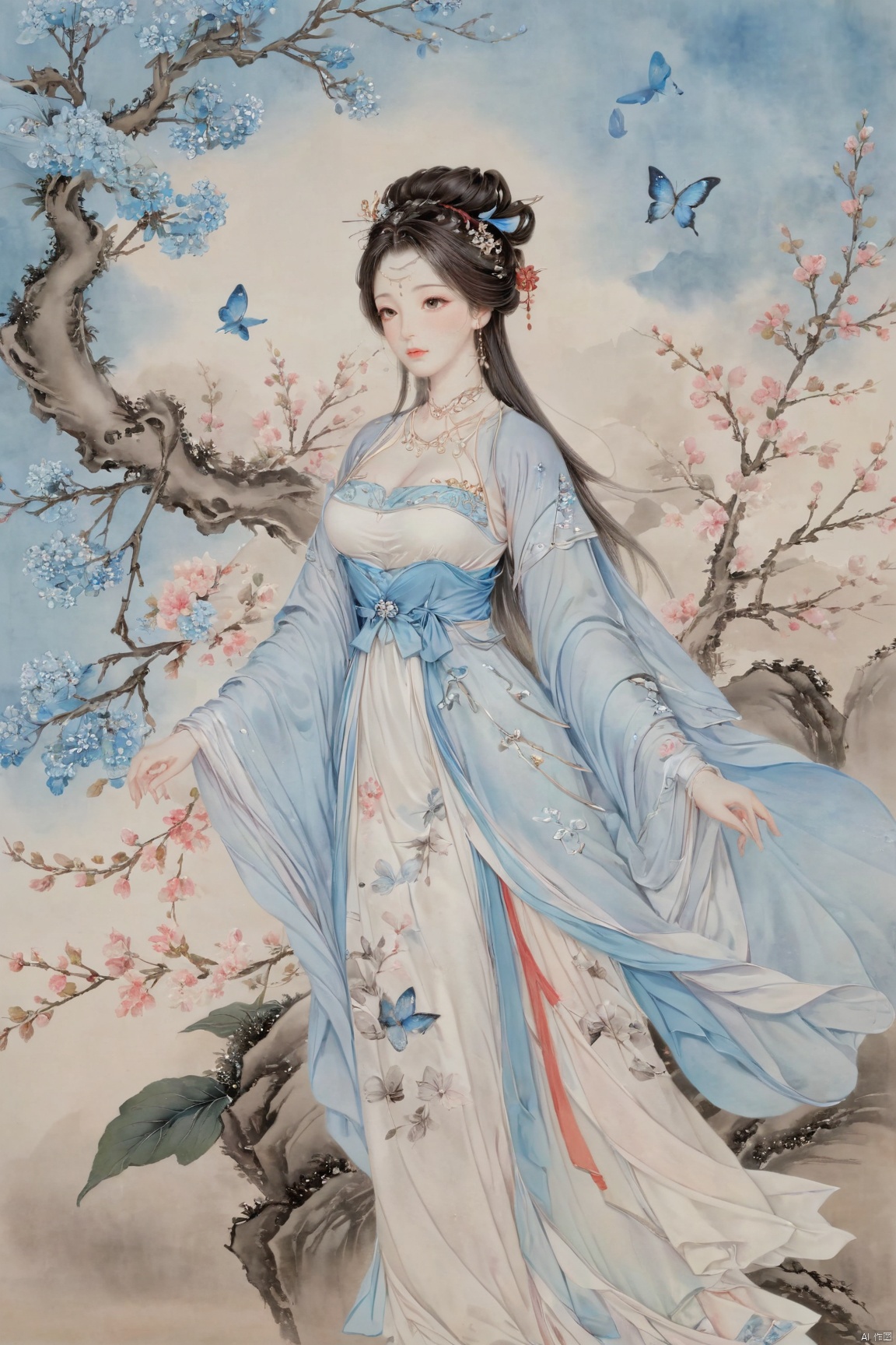 masterpiece,(best quality),upper_body,,exploring cherry blossom branches,wonderland,light blue element, sly,Xsulingyun,(big breasts:1.79),Xtianxiwei,fantasy_butterfly, New Chinese_Hanfu,Xnangongwan, X-Hydrangea, traditional chinese ink painting