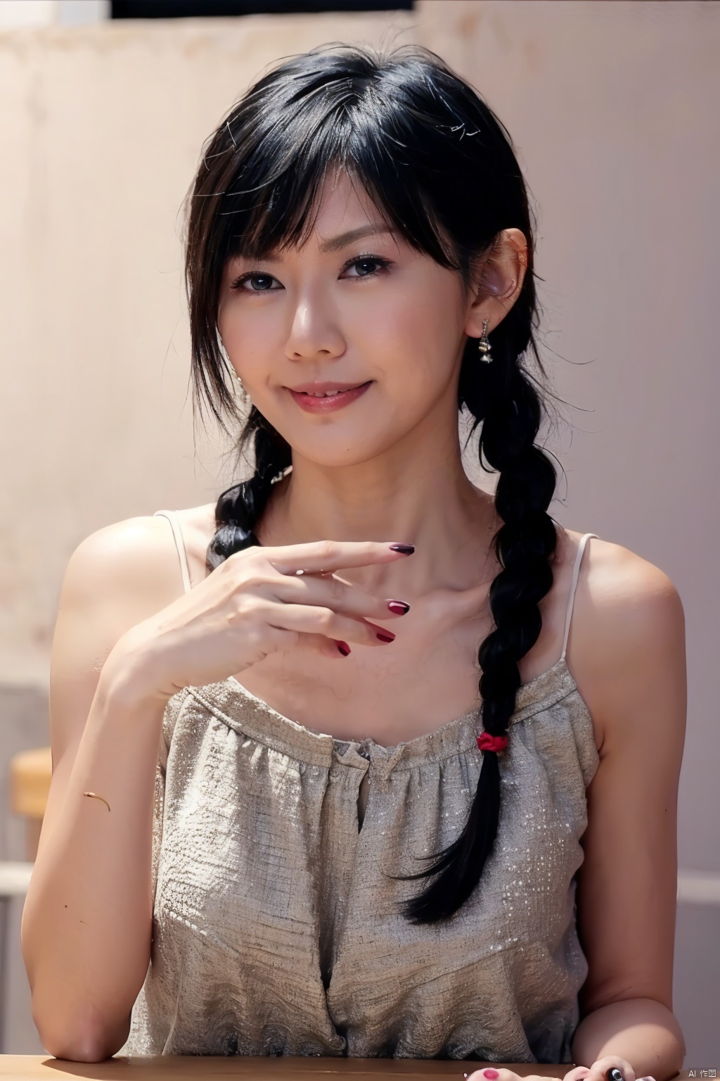 blurry, depth_of_field, blurry_background, blurry_foreground, photo_\(medium\), 1girl, nail_polish, photo_background, braid, striped, twin_braids, 3d, earrings, solo, jewelry, blue_nails, realistic, asian, black_hair, motion_blur