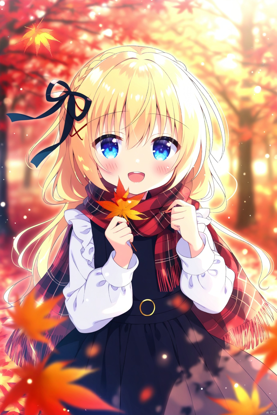 artist:kami,loli,1girl,solo,maple leaf,holding,shirt,holding leaf,white shirt,blurry,autumn leaves,smile,long sleeves,looking at viewer,leaf,hair ribbon,ribbon,sleeveless,open mouth,depth of field,sleeveless dress,braid,dress,hair ornament,outdoors,upper body,shawl,:d,black dress,blurry background,ribbon braid,plaid,blush,scarf,black ribbon,blurry foreground,pinafore dress,blue eyes,autumn,blonde hair,fringe trim,teeth