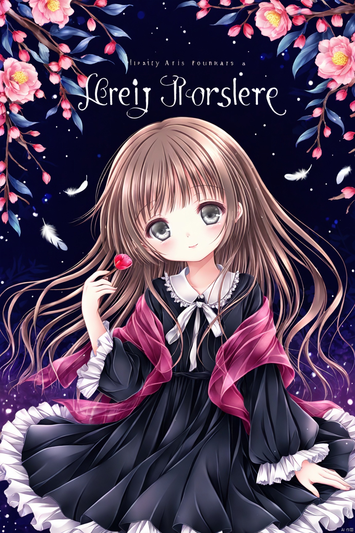 artist:mualice,(colorful),1girl,loli,solo,long hair,dress,branch,holding,looking at viewer,feathers,brown hair,long sleeves,black dress,head tilt,parted lips,closed mouth,flower,grey eyes,sitting,shawl,smile,cover,artist name