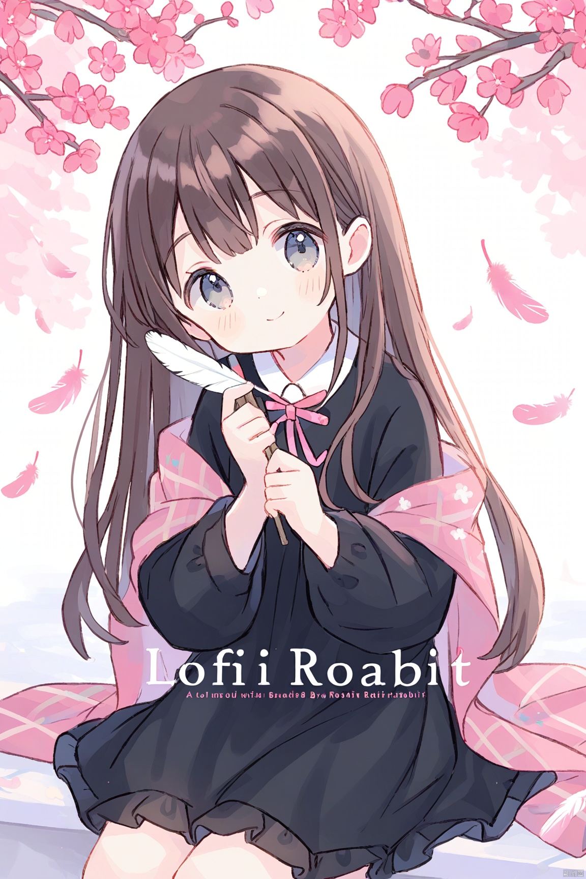 artist:rabbit,(colorful),1girl,loli,solo,long hair,dress,branch,holding,looking at viewer,feathers,brown hair,long sleeves,black dress,head tilt,parted lips,closed mouth,flower,grey eyes,sitting,shawl,smile,cover,artist name