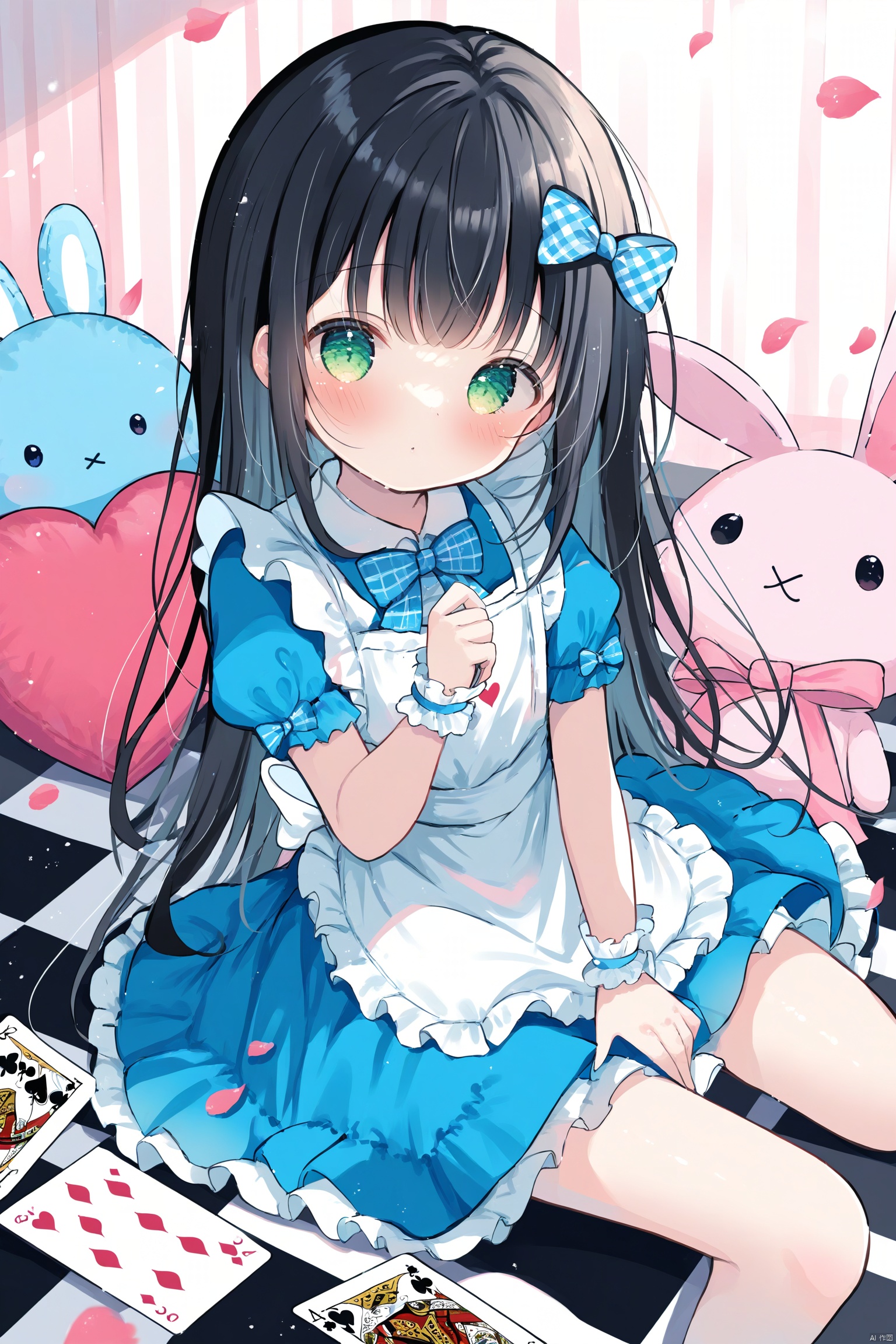 artist:rin,masterpiece, best quality, 1girl, long hair, green eyes, checkered floor, stuffed toy, stuffed animal, solo, dress, black hair, bow, hair bow, playing card, card, stuffed bunny, petals, looking at viewer, blush, wrist cuffs, blue dress, apron, short sleeves, heart, frills, sitting, bangs, (best a)