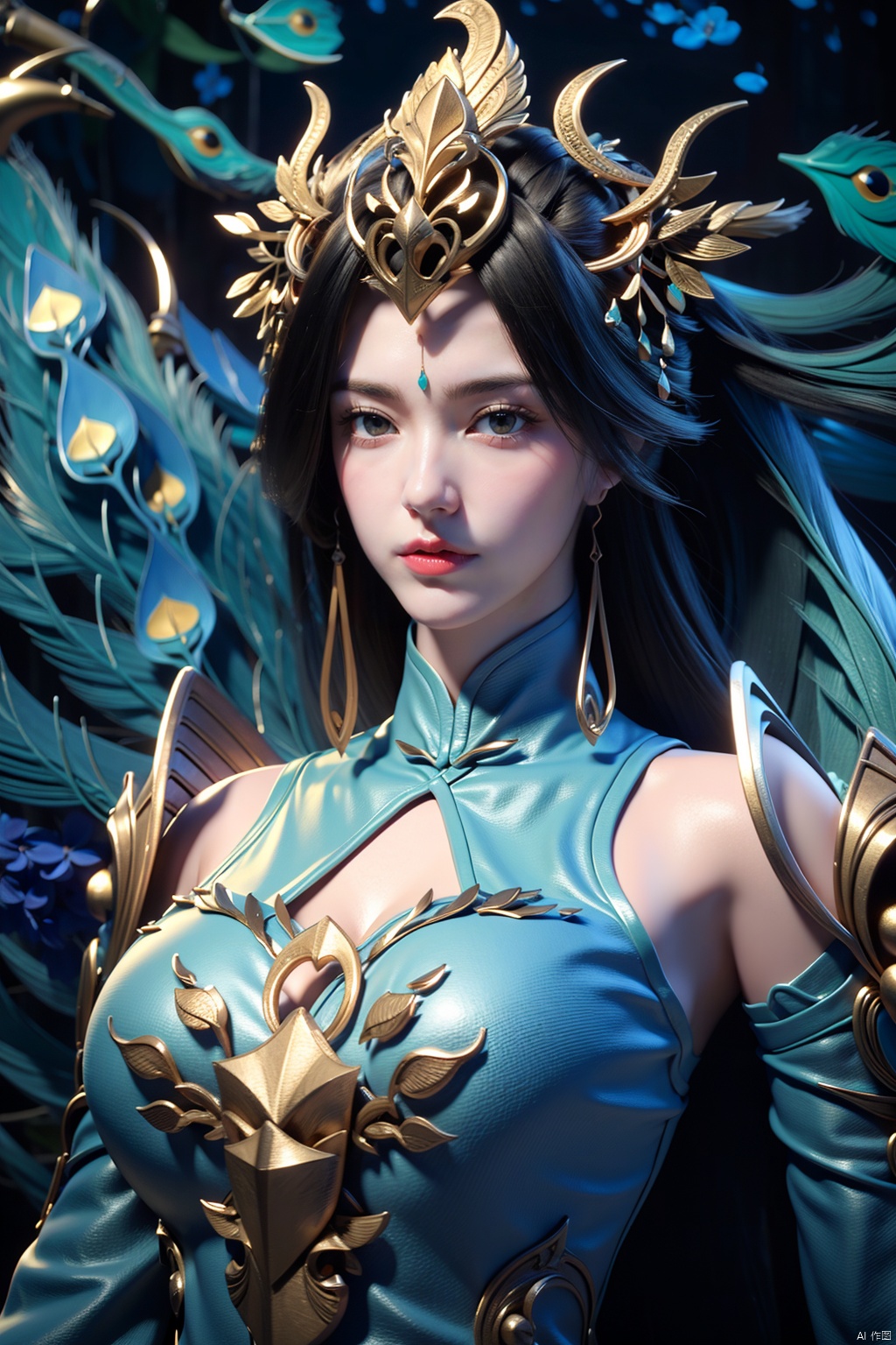  Best Quality, masterpiece, ultra-high resolution, (photo realistic: 1.4) , Surrealism, Fantastical verisimilitude, beautiful blue-skinned goddess Phoenix Peacock on her head, fantastical creation, thriller color scheme, surrealism, abstract, psychedelic, 1 girl,flower,castle,jyy-hd,1 girl,(big breasts:1.29),,Xliushen,Xyunxi,Xhuolinger,X-Hydrangea,Hydrangea