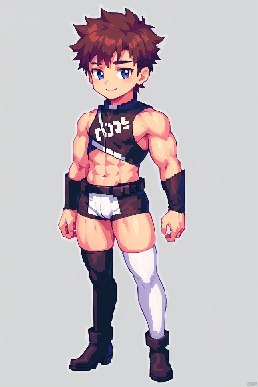 (solo:1.5), 1boy, shota, long legs, sunshine, big eyes, full body, black boots, (white thighhigh:1.4), smile, standing, pigeon-toed, male_focus, big thighs, 鏃�,muscular boy, big muscles,simple drawing,chibi,bttn
