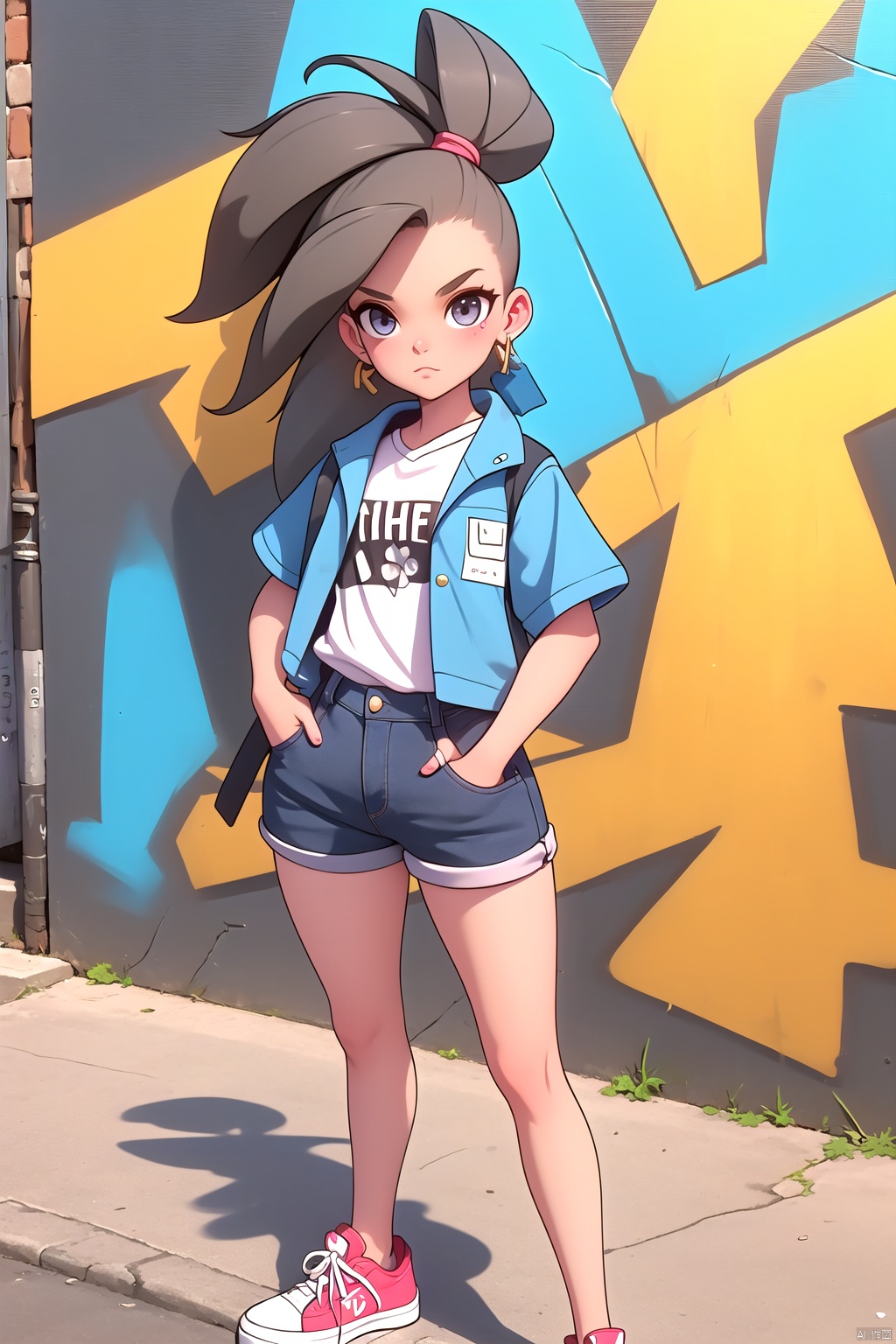 best quality,masterpiece,illustration,earrings,,hand in pocket,Denim shorts,an extremely delicate and beautiful,extremely detailed,CG,unity,8k,wallpaper,Amazing,finely detail,1 girl, solo, street, graffiti, white short sleeved, denim jacket, denim shorts, sneakers, spray painting,graffiti on the wall, hip-hop, street culture, jtc