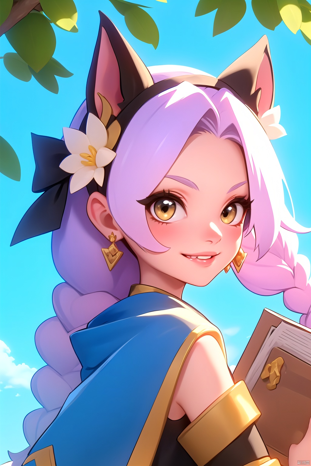  1girl, solo, long hair, looking at viewer, blush, smile, bangs, hair ornament, bow, animal ears, jewelry, yellow eyes, upper body, pink hair, braid, flower, hair bow, hairband, earrings, outdoors, parted lips, alternate costume, cat ears, from side, looking to the side, book, single braid, blue bow, plant, white flower, hair over shoulder, floppy ears, goldenglow \(arknights\), jiqing, 1 girl,moyou