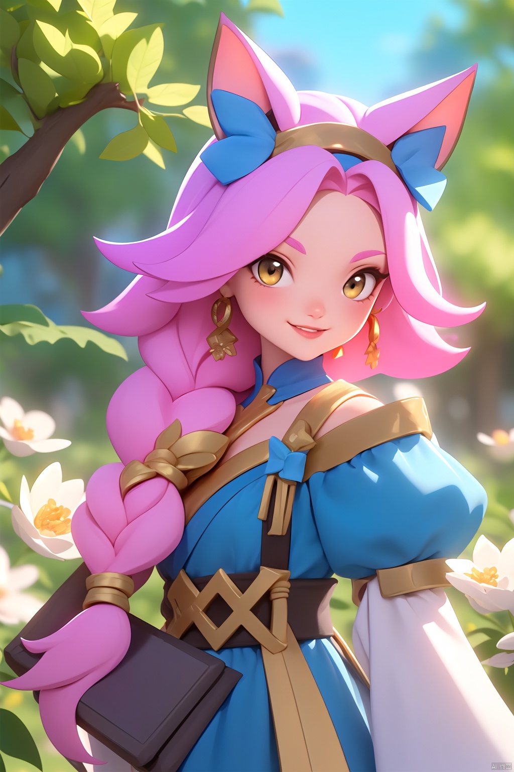  1girl, solo, long hair, looking at viewer, blush, smile, bangs, hair ornament, bow, animal ears, jewelry, yellow eyes, upper body, pink hair, braid, flower, hair bow, hairband, earrings, outdoors, parted lips, alternate costume, cat ears, from side, looking to the side, book, single braid, blue bow, plant, white flower, hair over shoulder, floppy ears, goldenglow \(arknights\), jiqing, 1 girl,moyou
