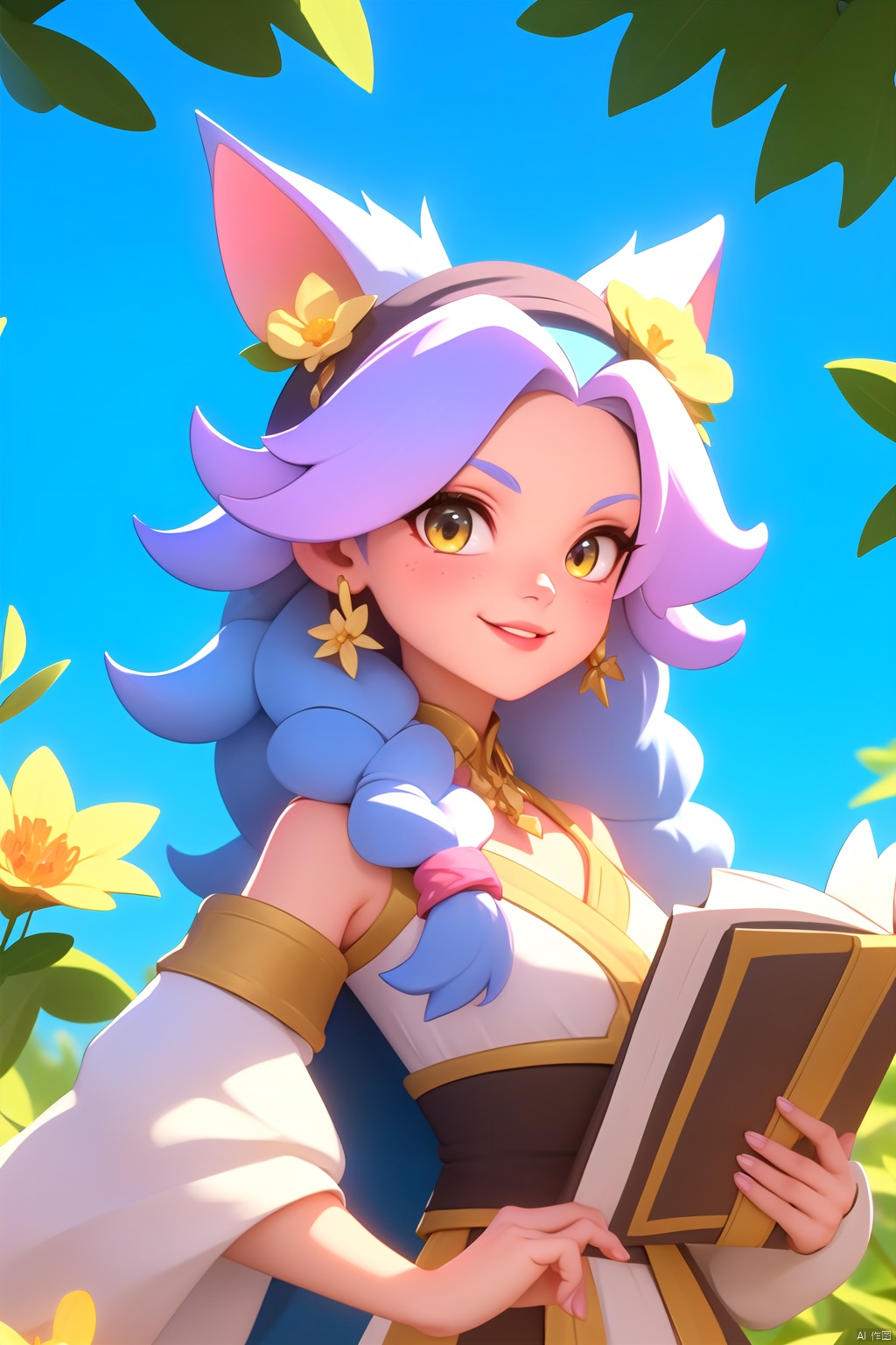  1girl, solo, long hair, looking at viewer, blush, smile, bangs, hair ornament, bow, animal ears, jewelry, yellow eyes, upper body, pink hair, braid, flower, hair bow, hairband, earrings, outdoors, parted lips, alternate costume, cat ears, from side, looking to the side, book, single braid, blue bow, plant, white flower, hair over shoulder, floppy ears, goldenglow \(arknights\), jiqing, 1 girl,moyou