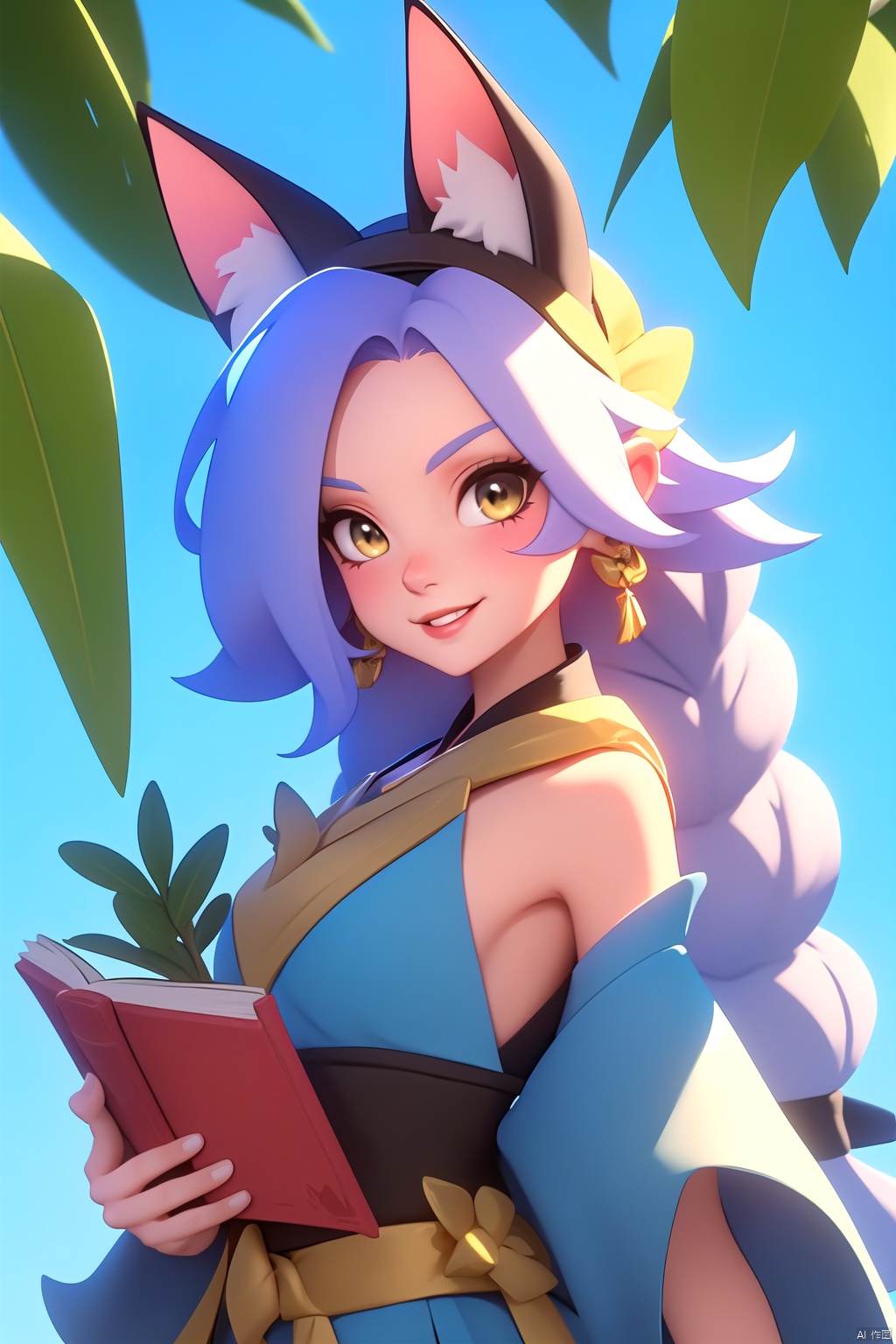  1girl, solo, long hair, looking at viewer, blush, smile, bangs, hair ornament, bow, animal ears, jewelry, yellow eyes, upper body, pink hair, braid, flower, hair bow, hairband, earrings, outdoors, parted lips, alternate costume, cat ears, from side, looking to the side, book, single braid, blue bow, plant, white flower, hair over shoulder, floppy ears, goldenglow \(arknights\), jiqing, 1 girl,moyou