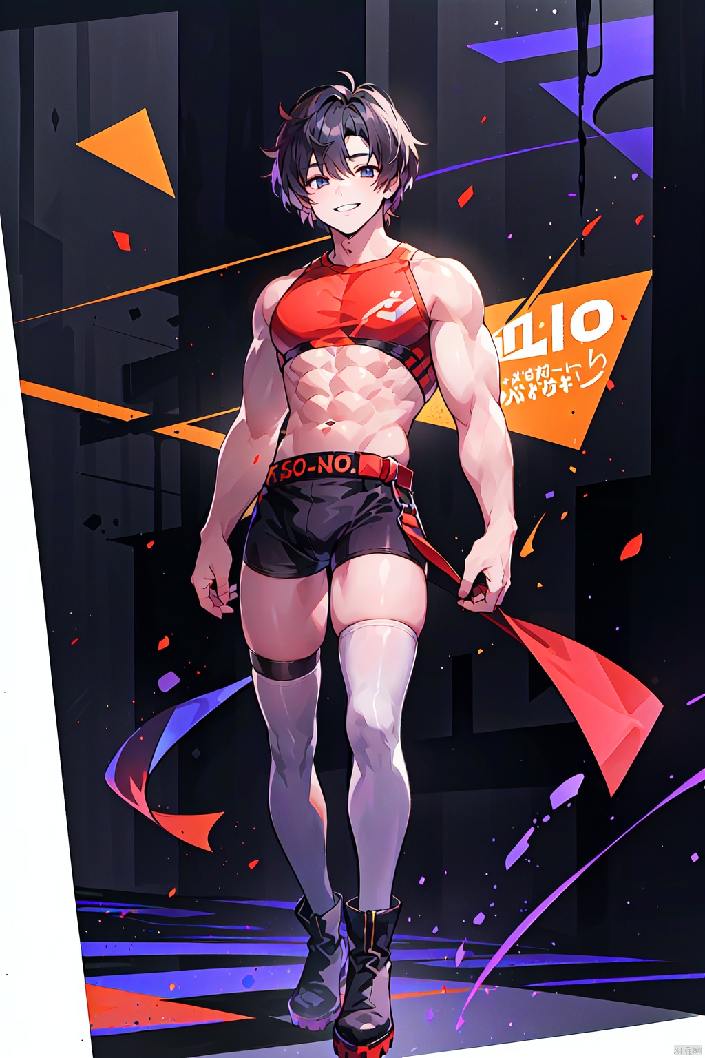 (solo:1.5), 1boy, shota, long legs, sunshine, big eyes, full body, black boots, (white thighhigh:1.4), smile, standing, pigeon-toed, male_focus, big thighs, 鏃�,muscular boy, big muscles