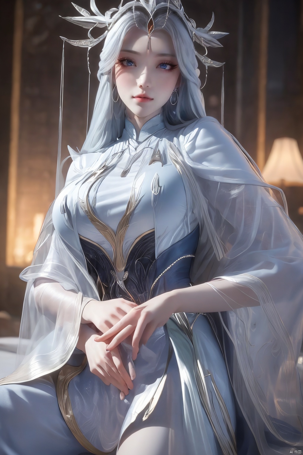 masterpiece,(best quality),official art,extremely detailed cg 8k wallpaper,(extremely delicate and beautiful),solo,realistic,photo_\(medium\),chinese clothes,blue dress,1girl,solo,blue eyes,earrings,mole,white hair,armor,crown,mole under eye,,Xningyudie,(big_breasts:1.29), Yunxiao_Fairy,X-Hydrangea,Xyupopo,(veil)