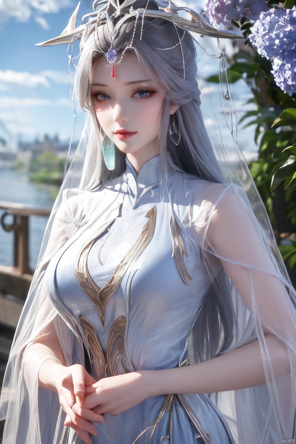 masterpiece,(best quality),official art,extremely detailed cg 8k wallpaper,(extremely delicate and beautiful),solo,realistic,photo_\(medium\),chinese clothes,blue dress,1girl,solo,blue eyes,earrings,mole,white hair,armor,crown,mole under eye,,Xningyudie,(big_breasts:1.29), Yunxiao_Fairy,X-Hydrangea,Xyupopo,Translucent veil