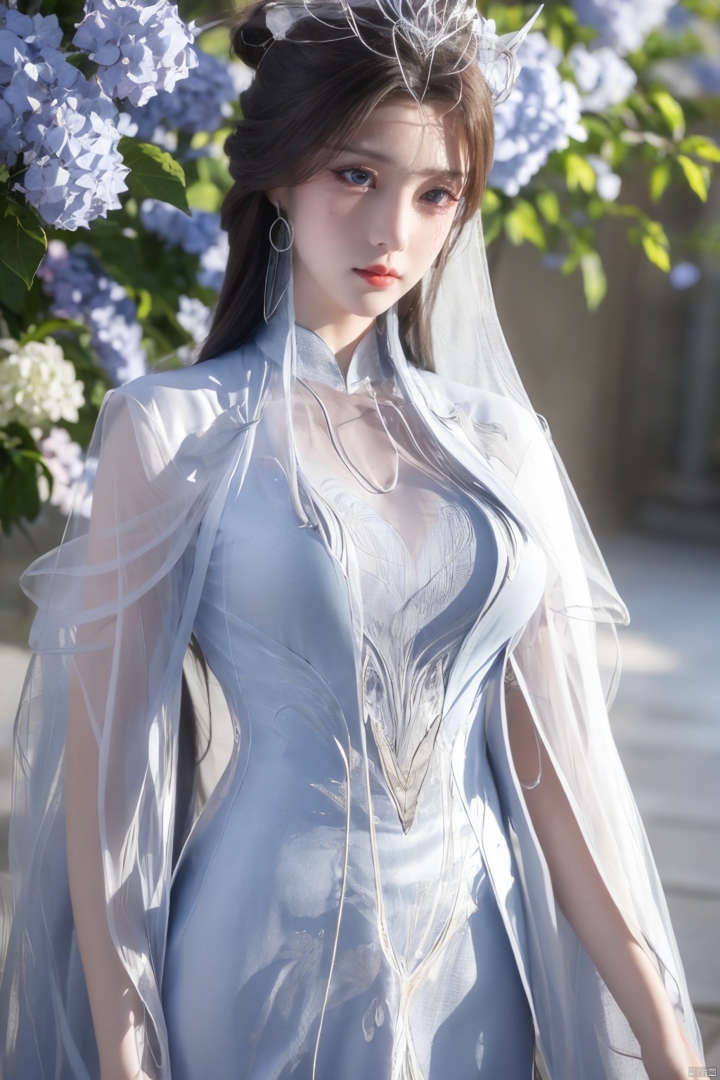 masterpiece,(best quality),official art,extremely detailed cg 8k wallpaper,(extremely delicate and beautiful),solo,realistic,photo_\(medium\),chinese clothes,blue dress,1girl,solo,blue eyes,earrings,mole,white hair,armor,crown,mole under eye,,Xningyudie,(big_breasts:1.29), Yunxiao_Fairy,X-Hydrangea,Xyupopo,(veil:1.23), 1 girl