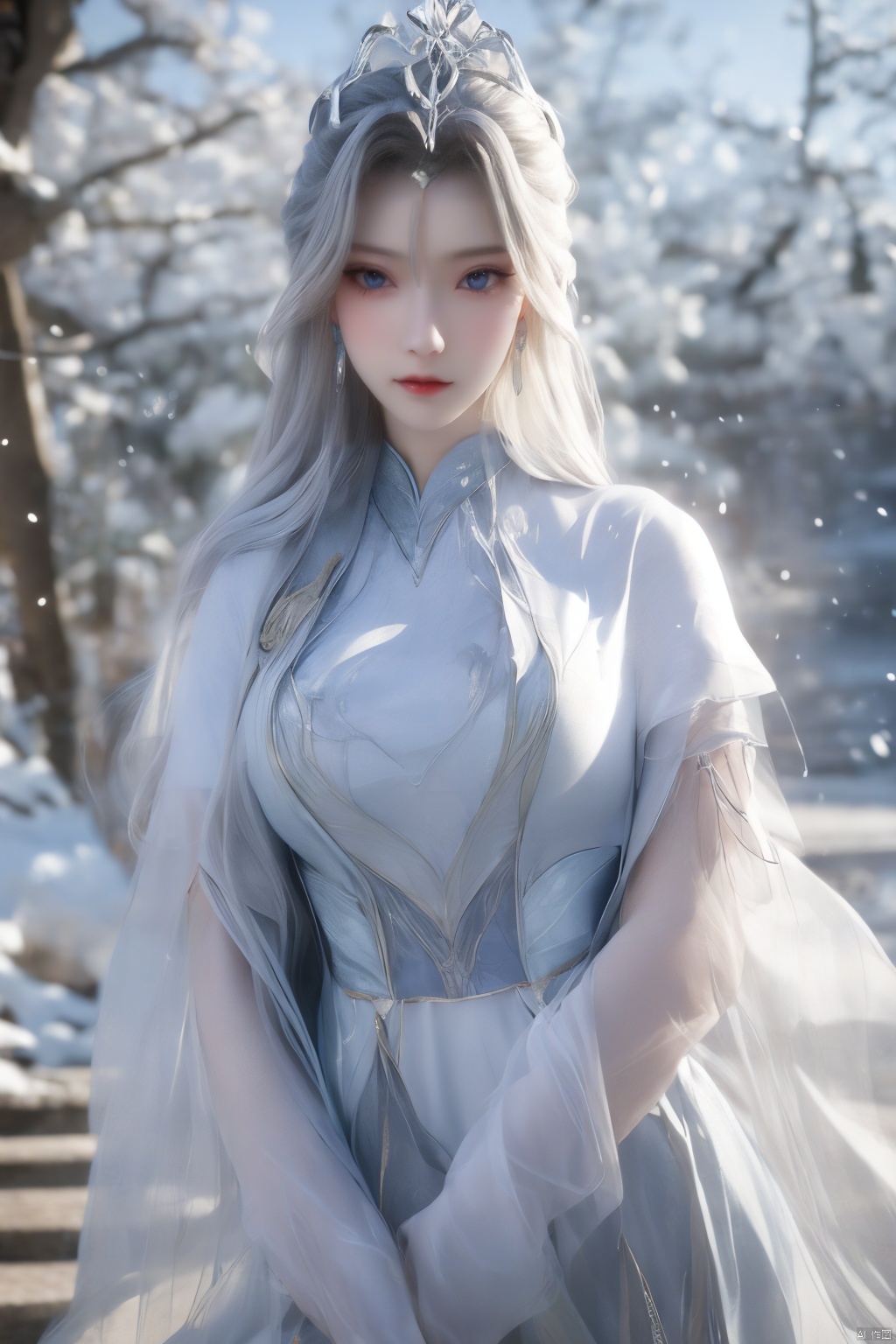 masterpiece,(best quality),official art,extremely detailed cg 8k wallpaper,(extremely delicate and beautiful),solo,realistic,photo_\(medium\),chinese clothes,blue dress,1girl,solo,blue eyes,earrings,mole,white hair,armor,crown,mole under eye,,Xningyudie,(big_breasts:1.29), Yunxiao_Fairy,X-Hydrangea,Xyupopo,Translucent veil