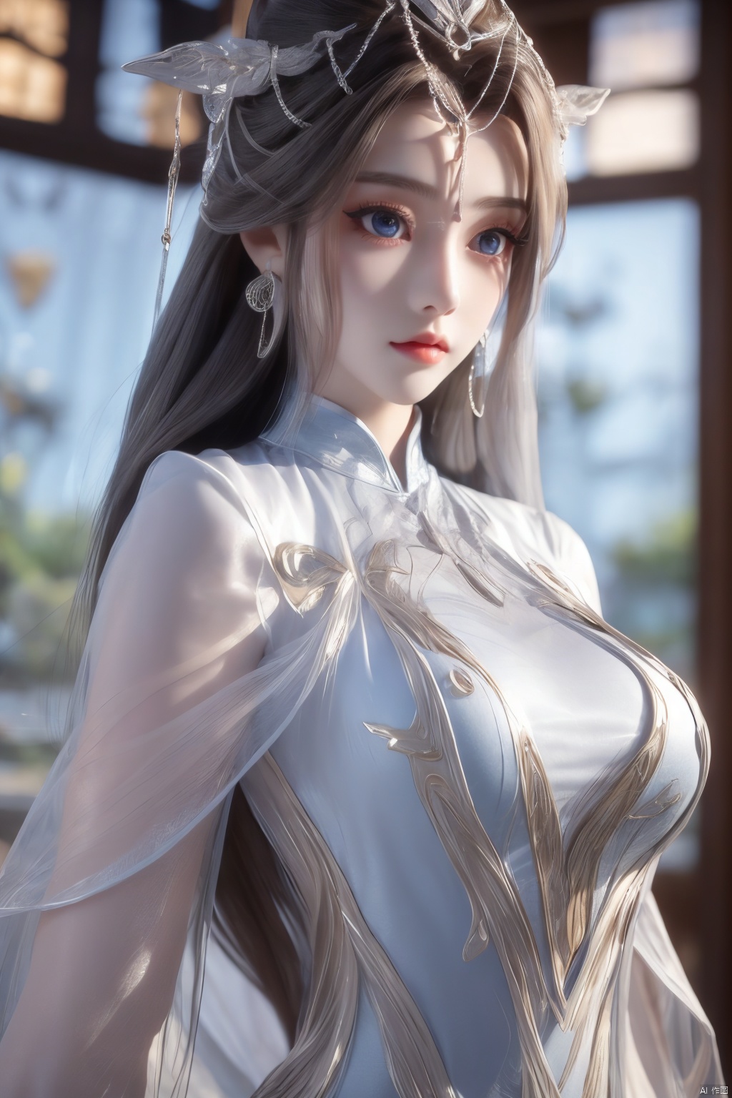 masterpiece,(best quality),official art,extremely detailed cg 8k wallpaper,(extremely delicate and beautiful),solo,realistic,photo_\(medium\),chinese clothes,blue dress,1girl,solo,blue eyes,earrings,mole,white hair,armor,crown,mole under eye,,Xningyudie,(big_breasts:1.29), Yunxiao_Fairy,X-Hydrangea,Xyupopo,(veil:1.23)